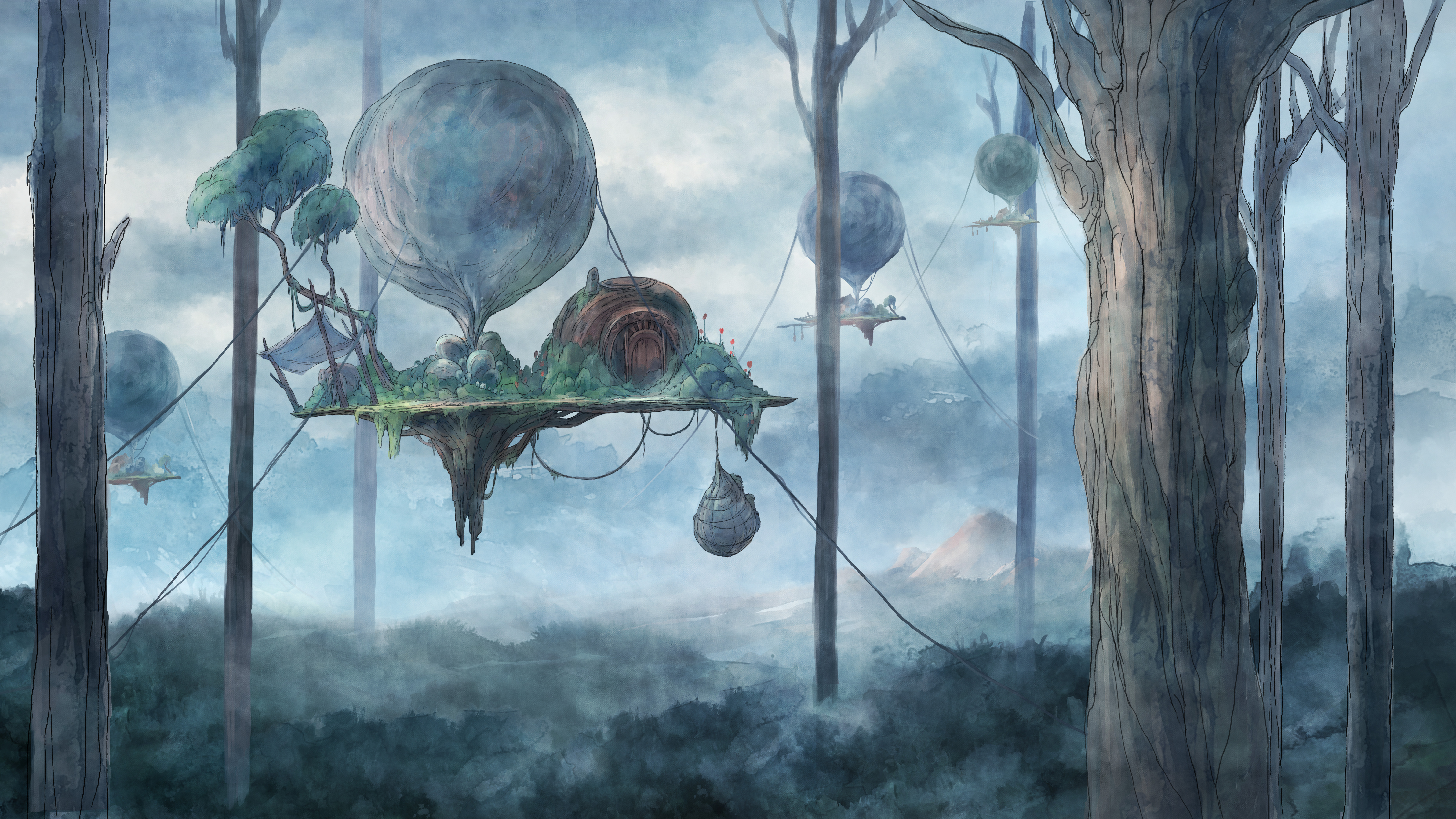 Fantasy forest with floating islands and airships HD Wallpaper