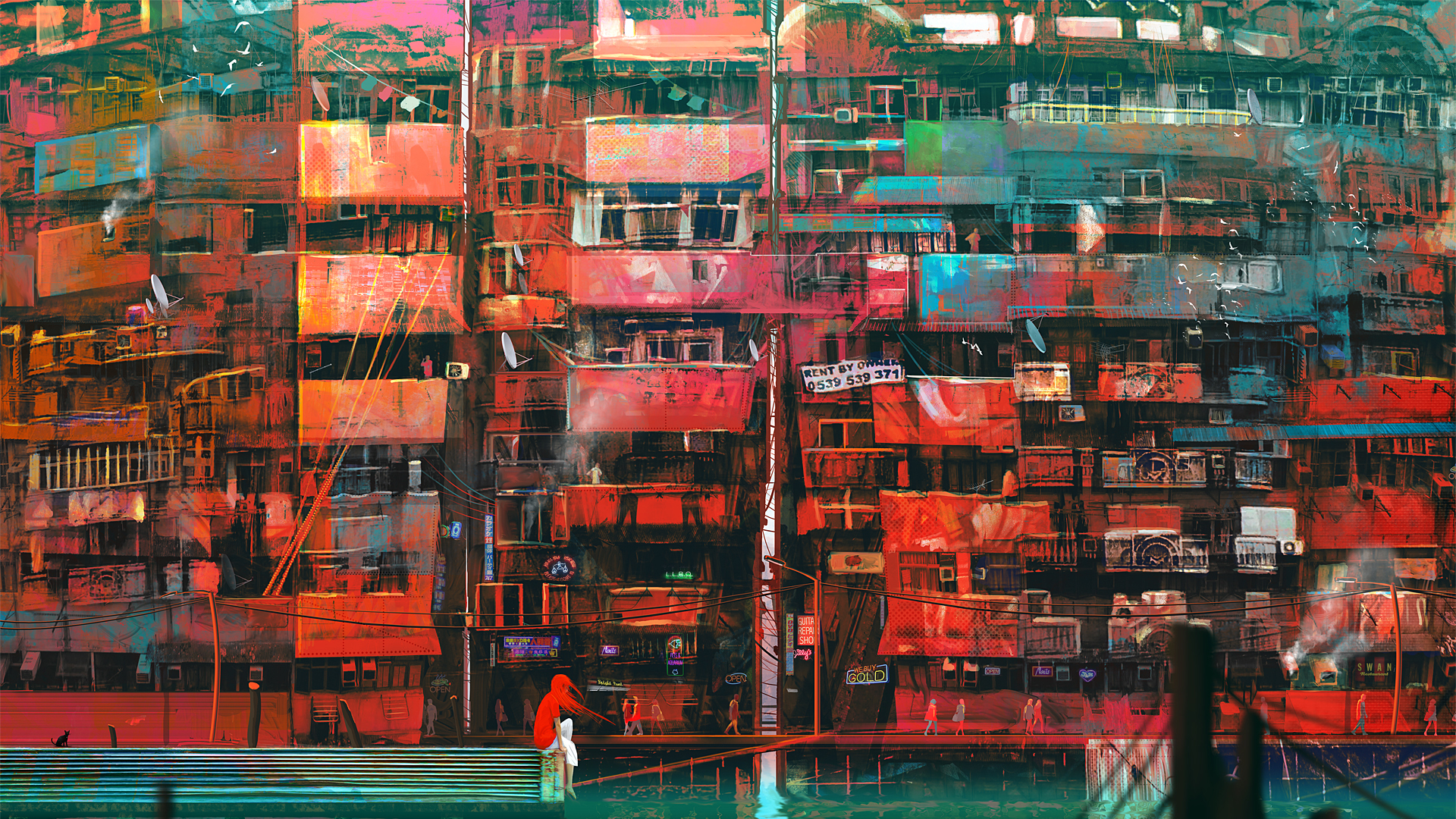 Cyberpunk cityscape with dense apartments and figures HD Wallpaper