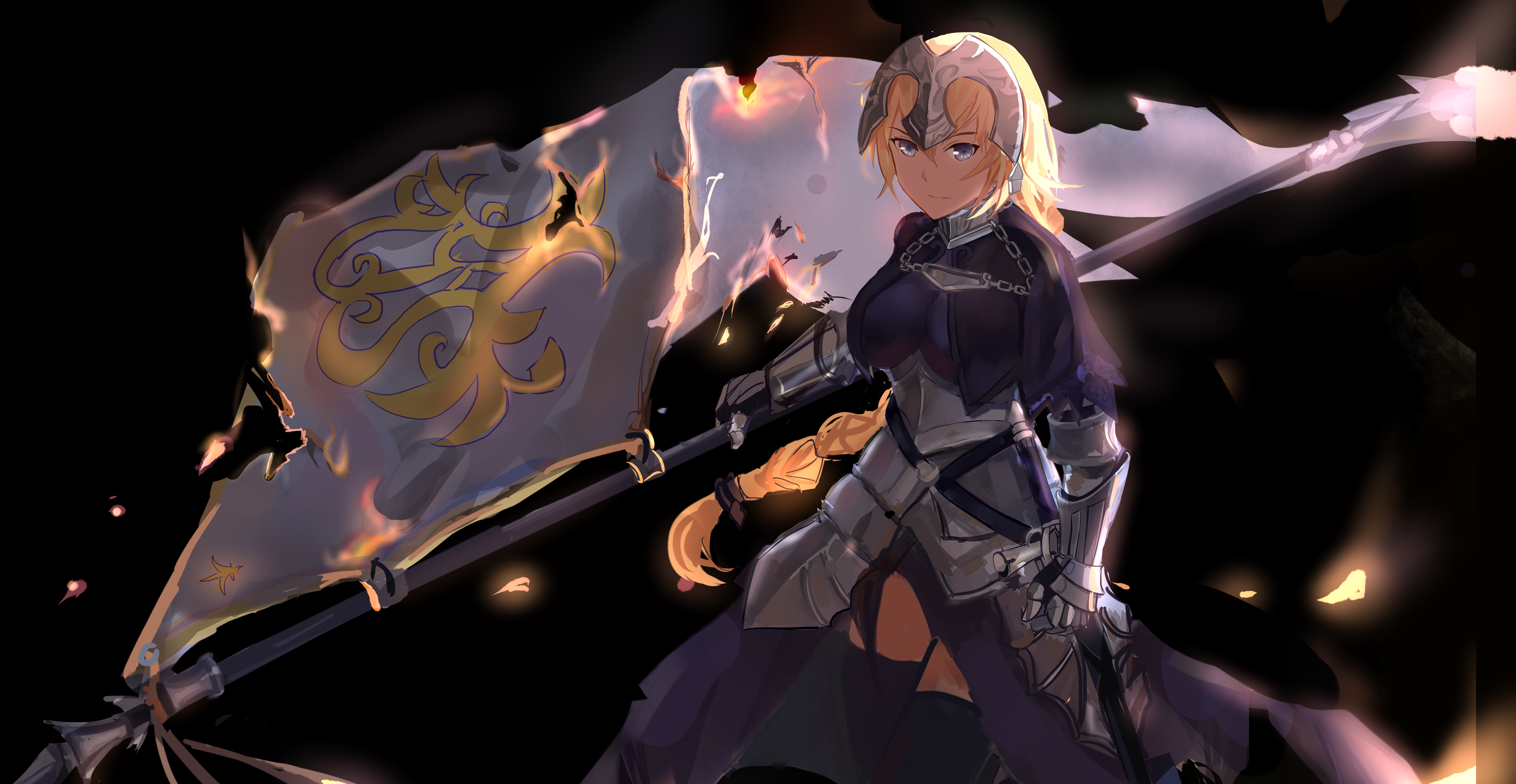 Jeanne d'Arc from Fate/Apocrypha holding a burning flag HD Wallpaper