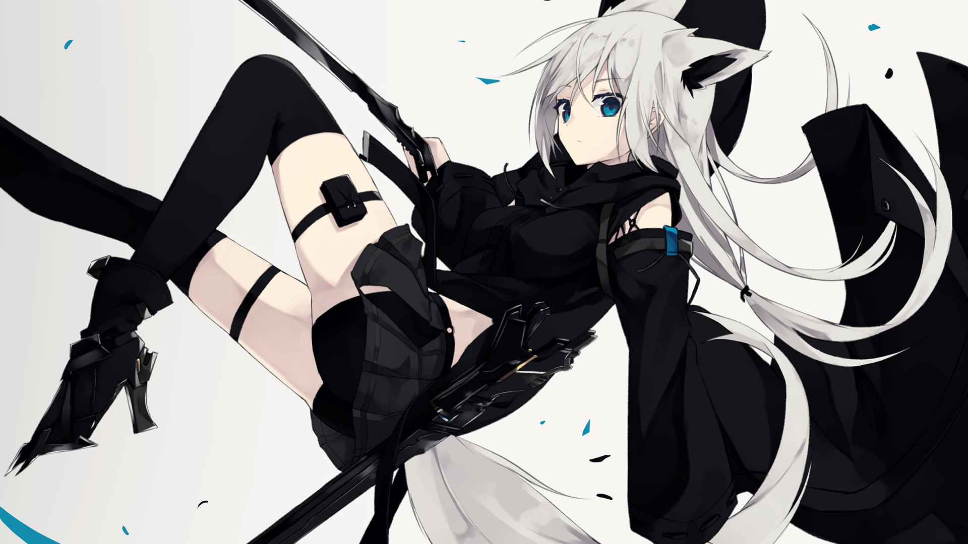 Anime girl with white hair and blue eyes holding a sword HD Wallpaper