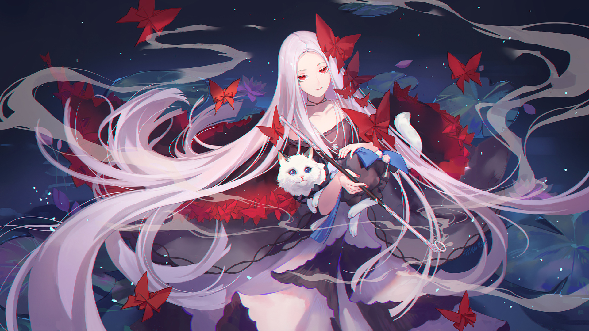Woman with long white hair and a cat HD Wallpaper