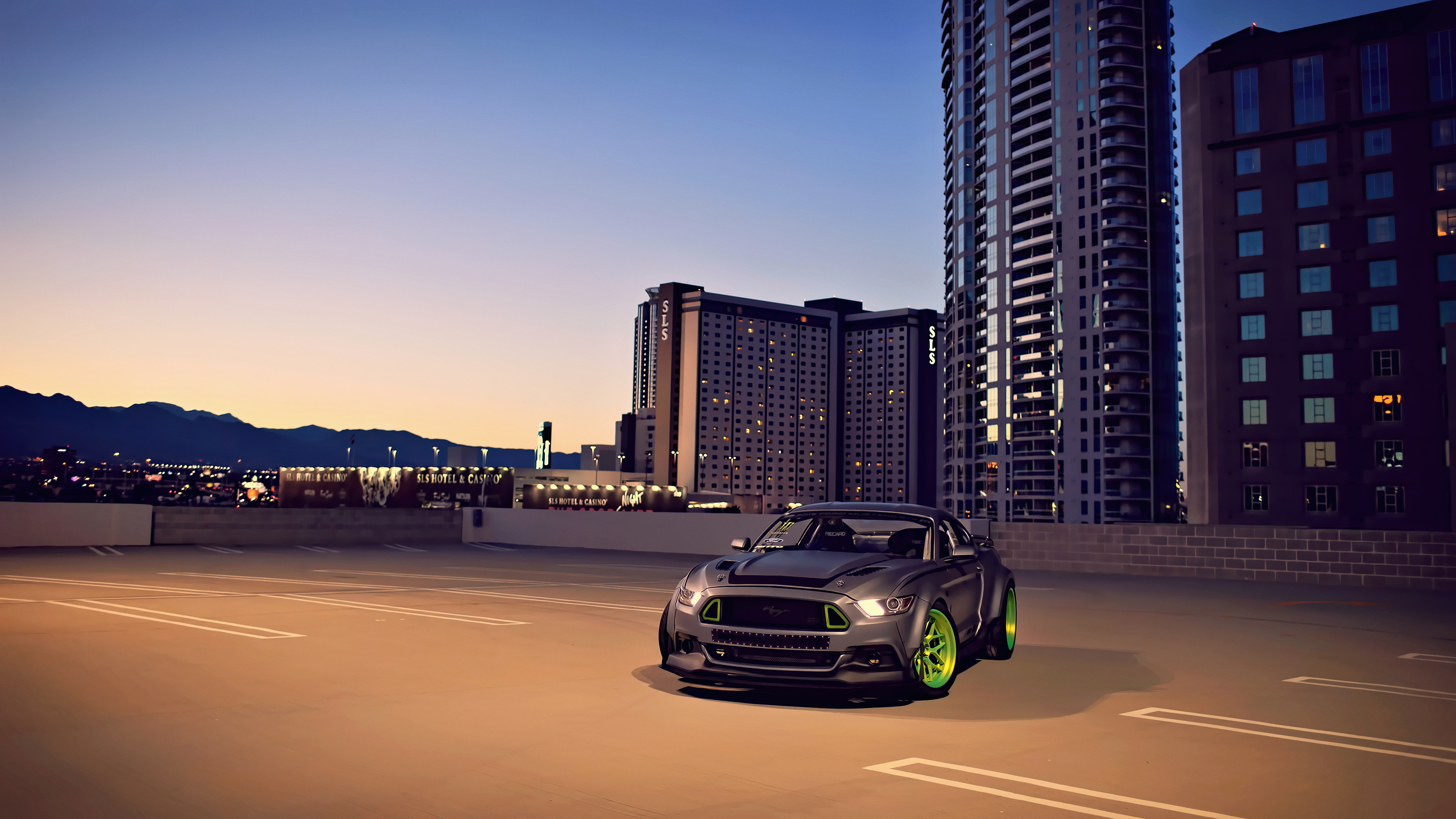 2015 Ford Mustang RTR in a city at sunset HD Wallpaper