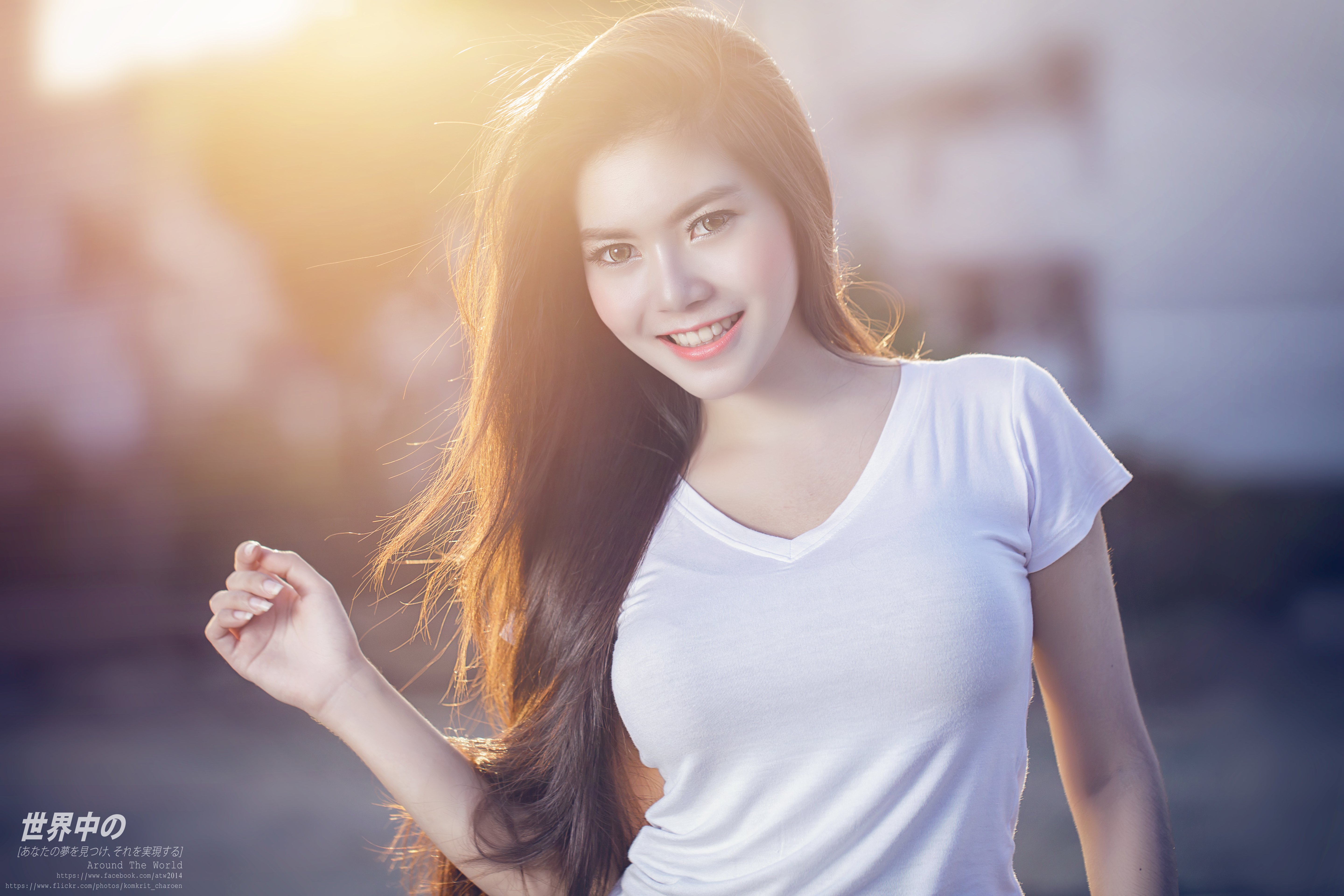 Asian woman smiling in white t-shirt HD Wallpaper