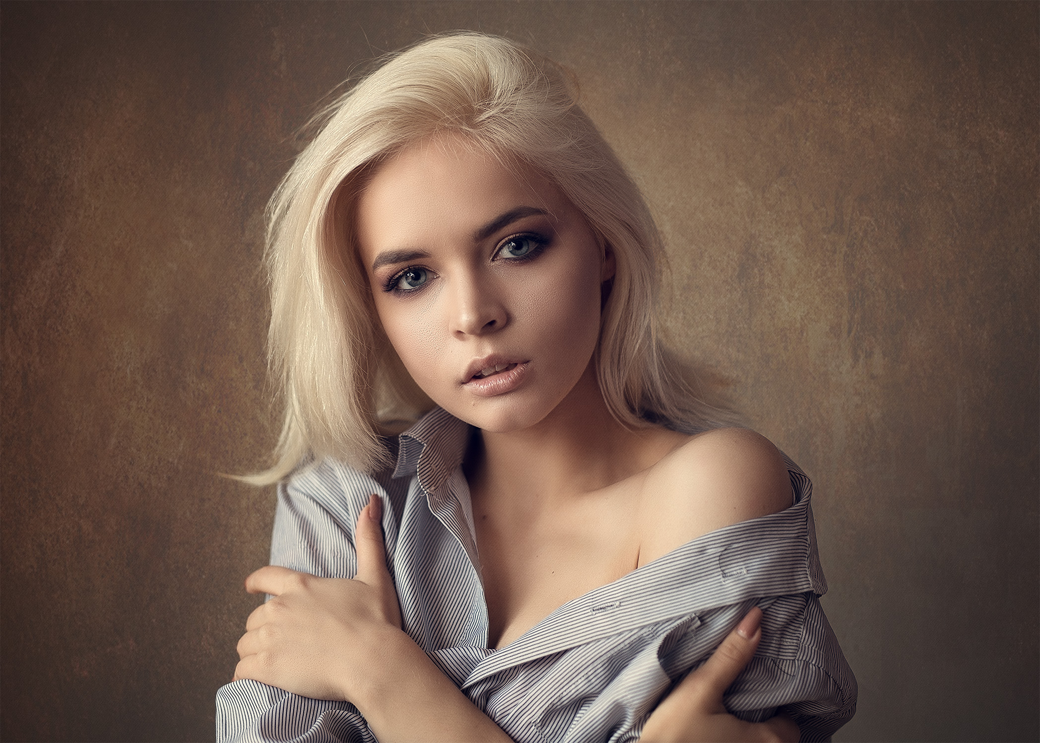 Portrait of a blonde woman in a striped shirt HD Wallpaper
