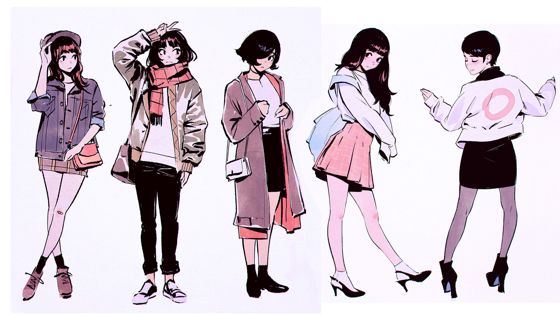 Digital art manga sketch of five women in fashion outfits HD Wallpaper
