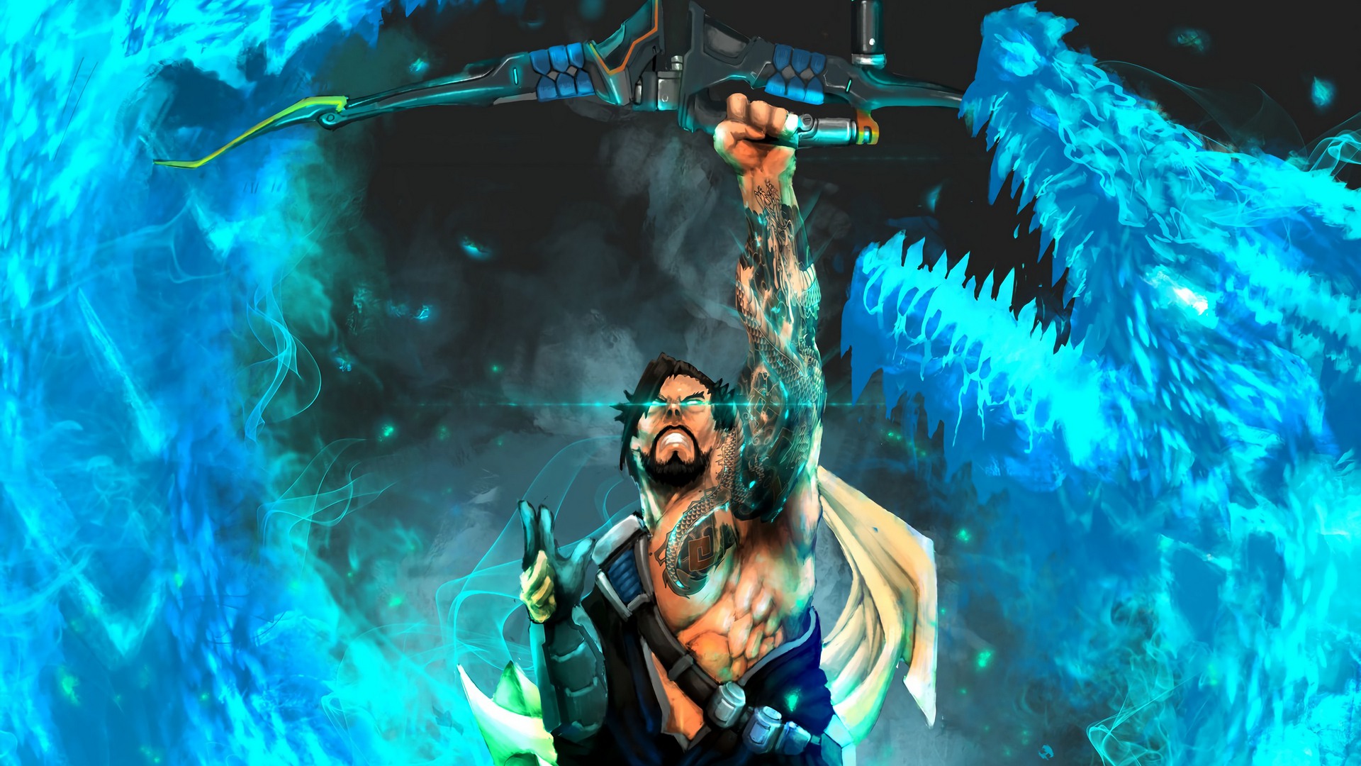 Hanzo from Overwatch with blue dragons HD Wallpaper
