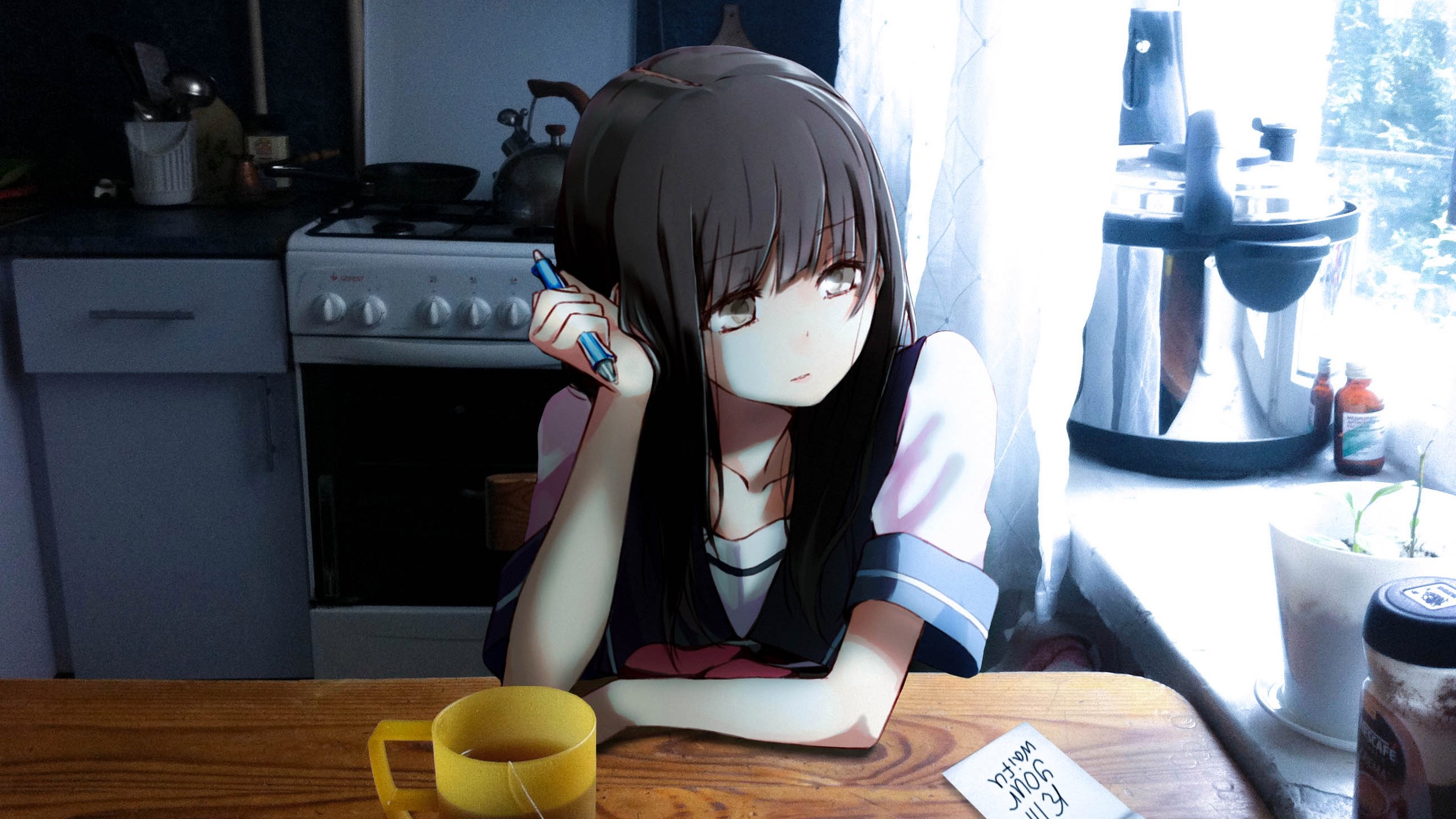 Anime girl with pen and tea in kitchen HD Wallpaper
