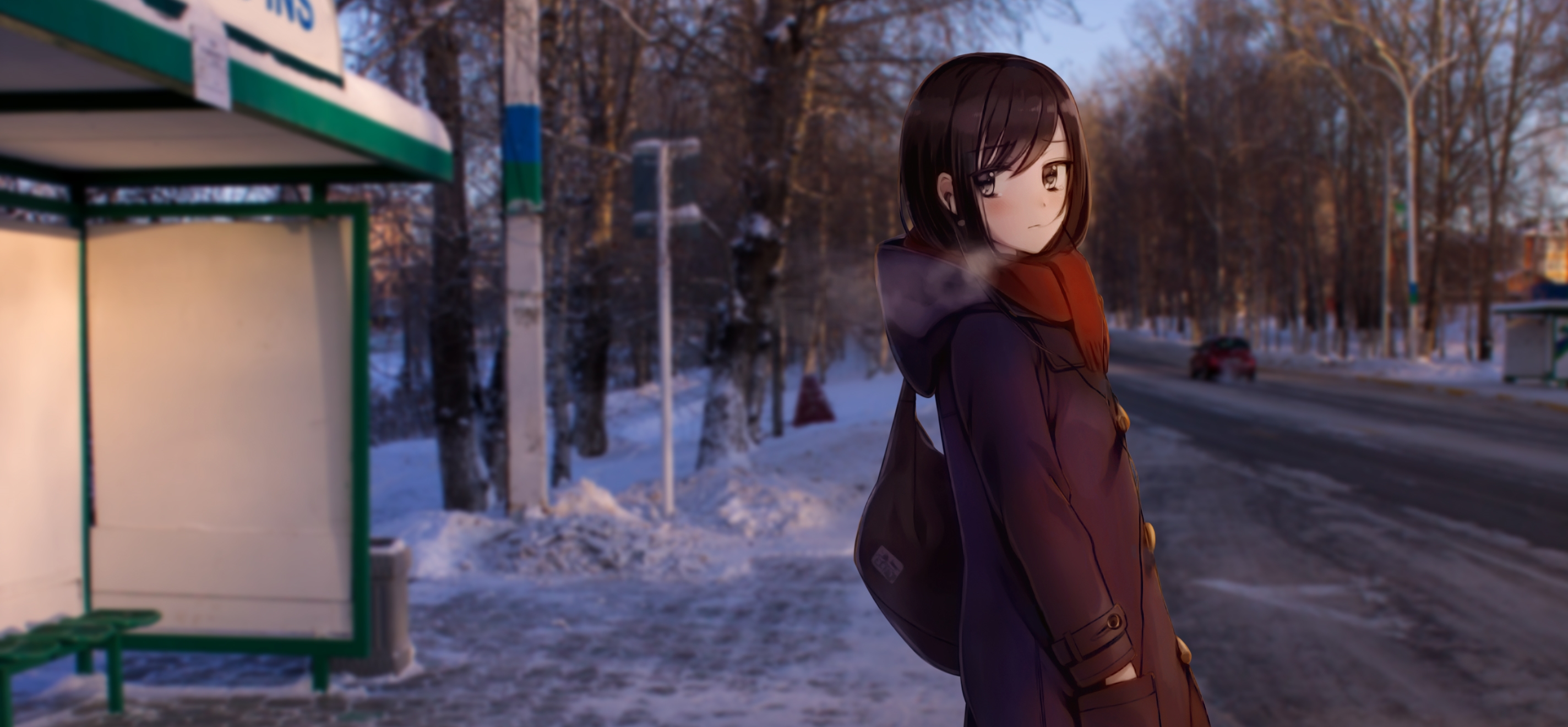 Anime girl waiting at a snowy bus stop HD Wallpaper