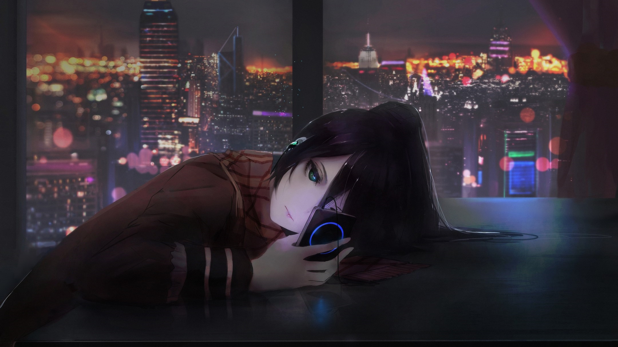 Anime girl with headphones looking at phone in city at night HD Wallpaper