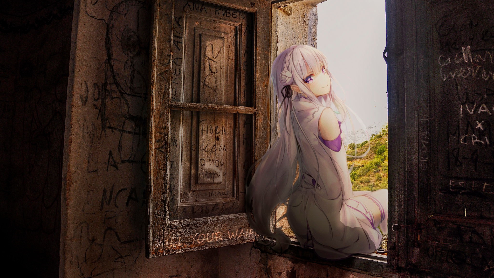 Emilia from Re:Zero sitting in a window HD Wallpaper