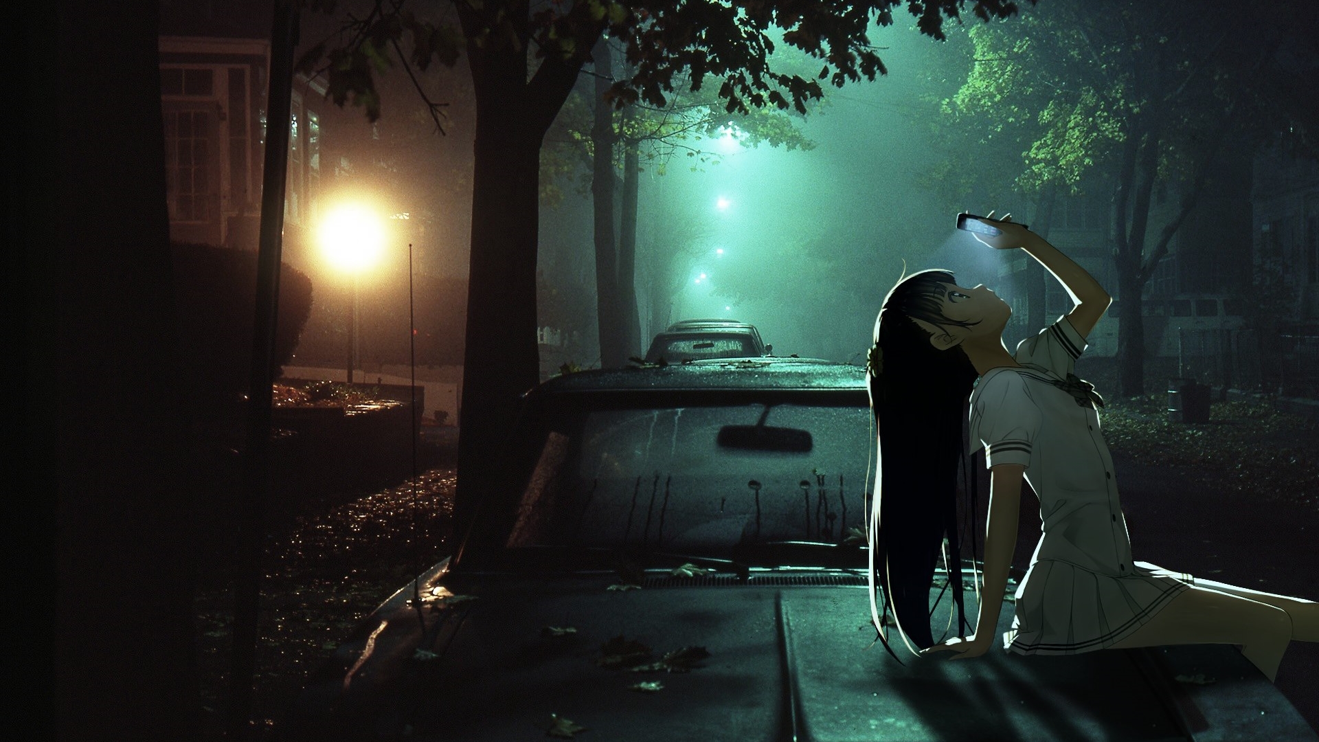 Anime girl with phone in abandoned street at night HD Wallpaper