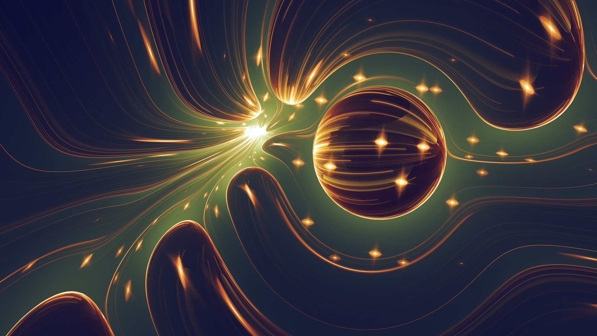 Abstract fractal with glowing orbs and light streaks HD Wallpaper