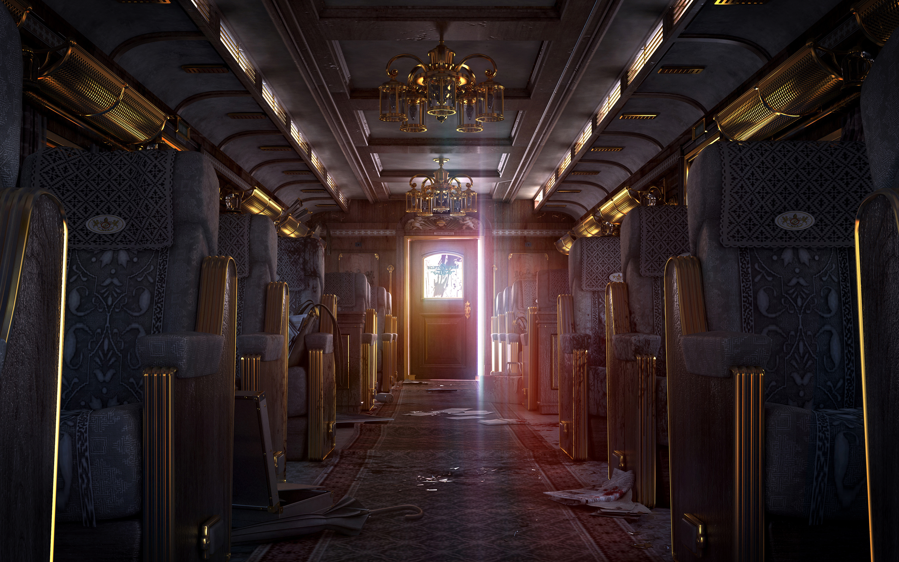 Interior of a luxurious, abandoned train passenger car HD Wallpaper