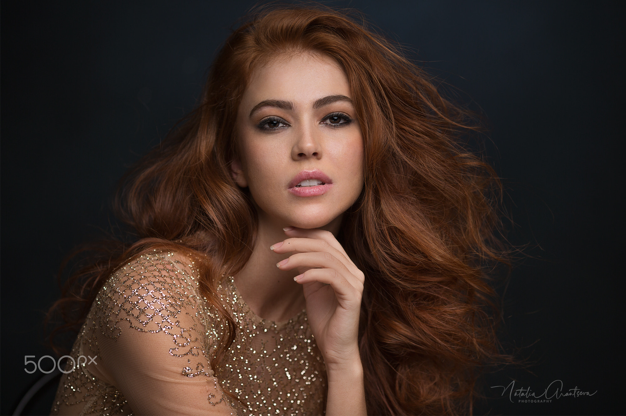 long hair, simple background, eyeshadow, women, dark eyes, portrait, redhead, dress, face, Natalia Arantseva HD Wallpaper
