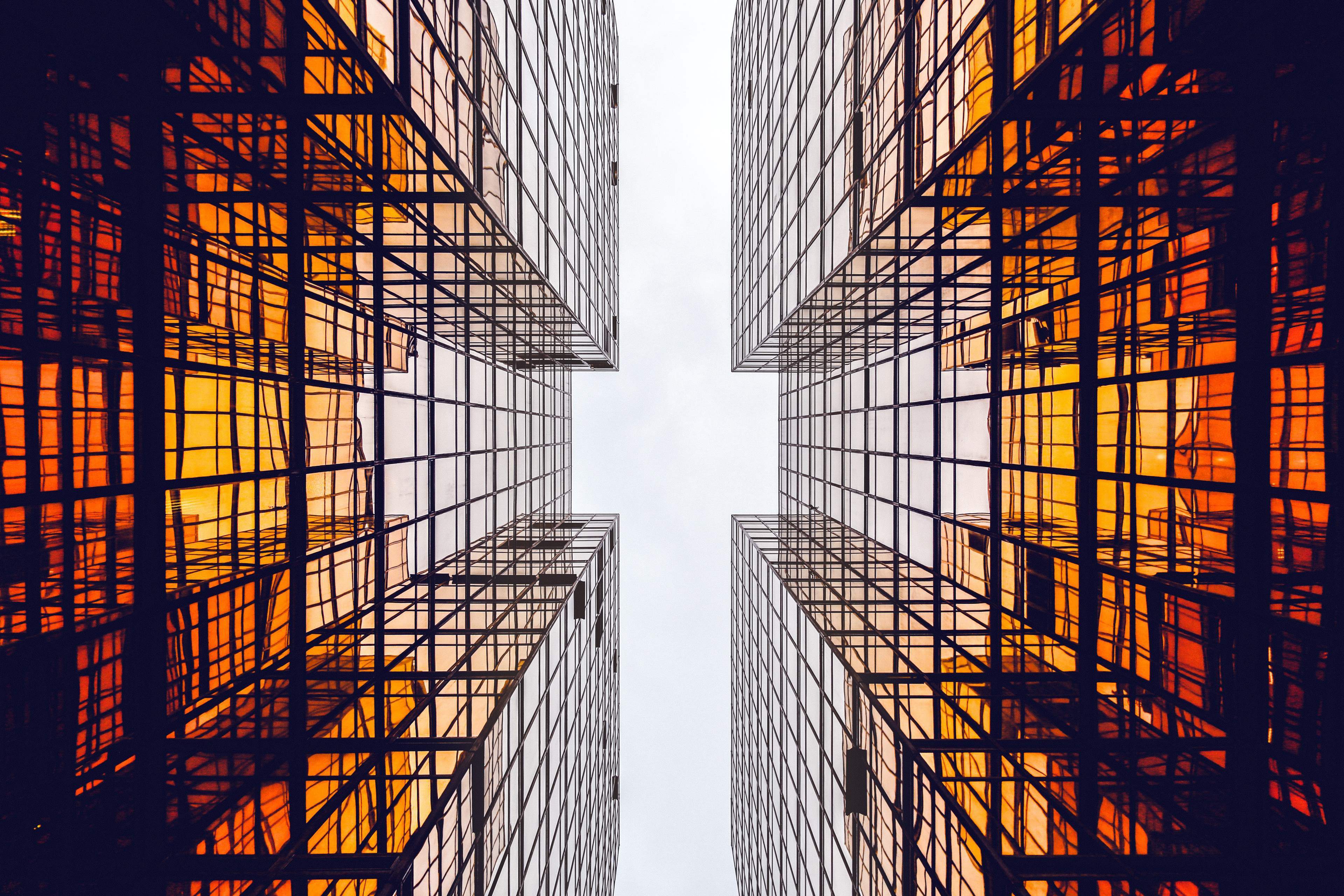 Looking up at modern glass buildings HD Wallpaper