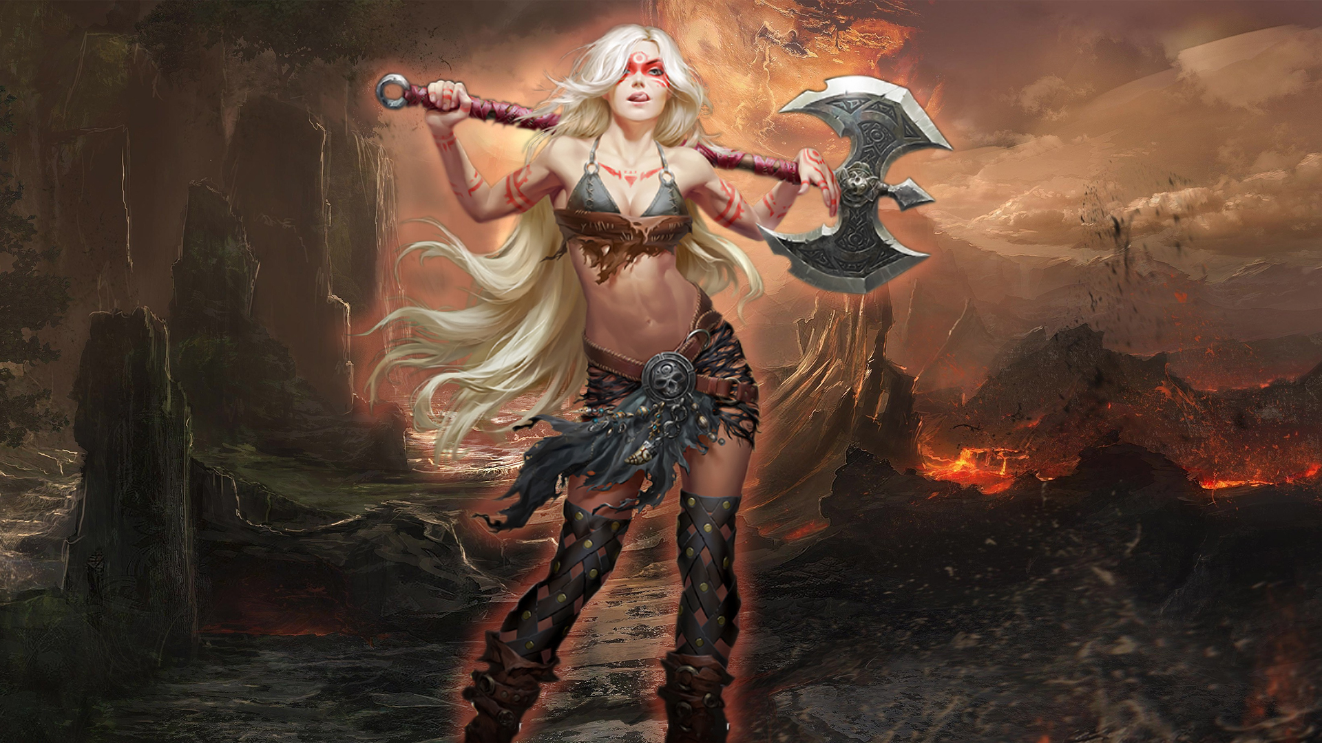 Warrior woman with axe in a fiery landscape HD Wallpaper