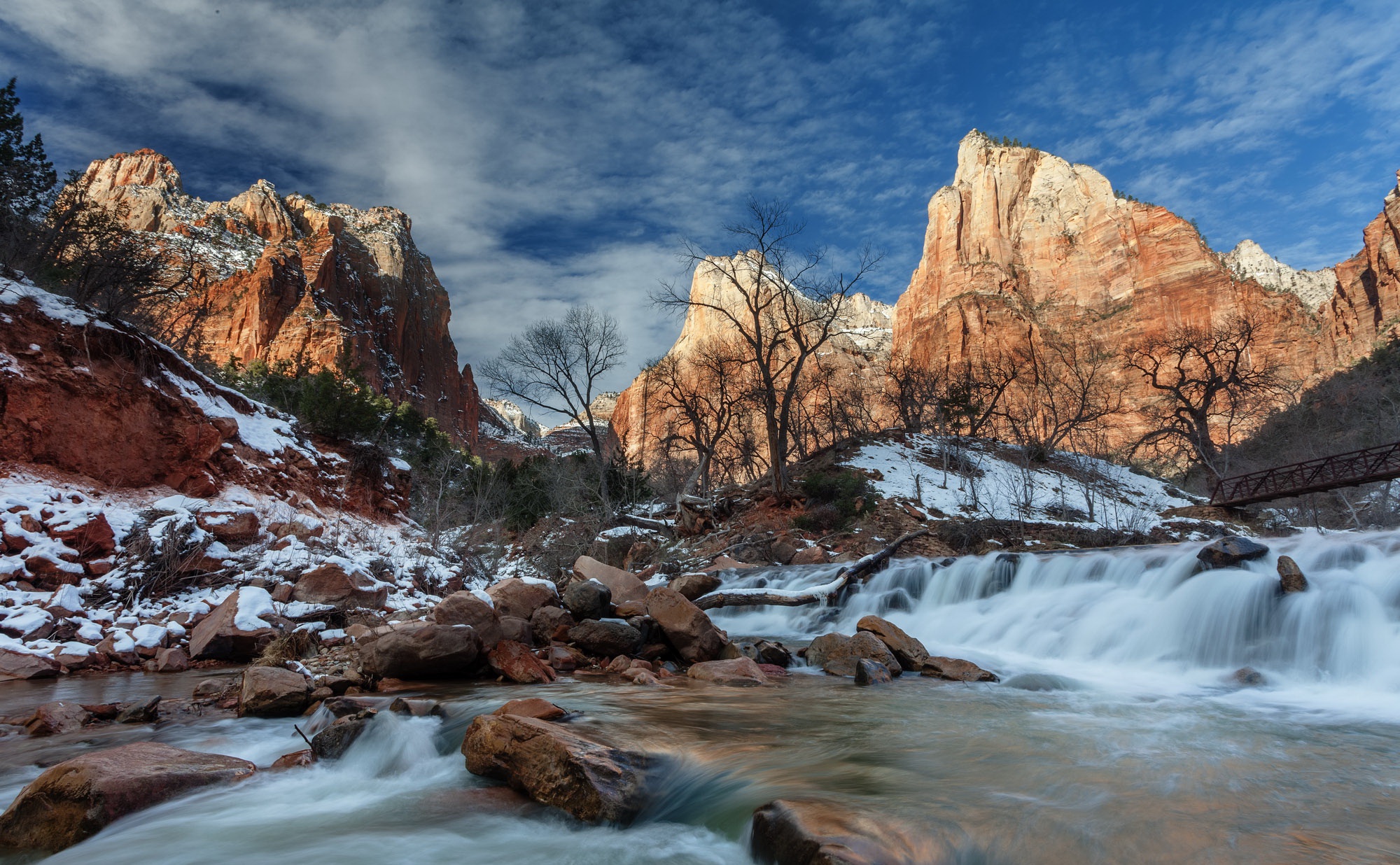Snowy Zion National Park Landscape with River and Mountains HD Wallpaper