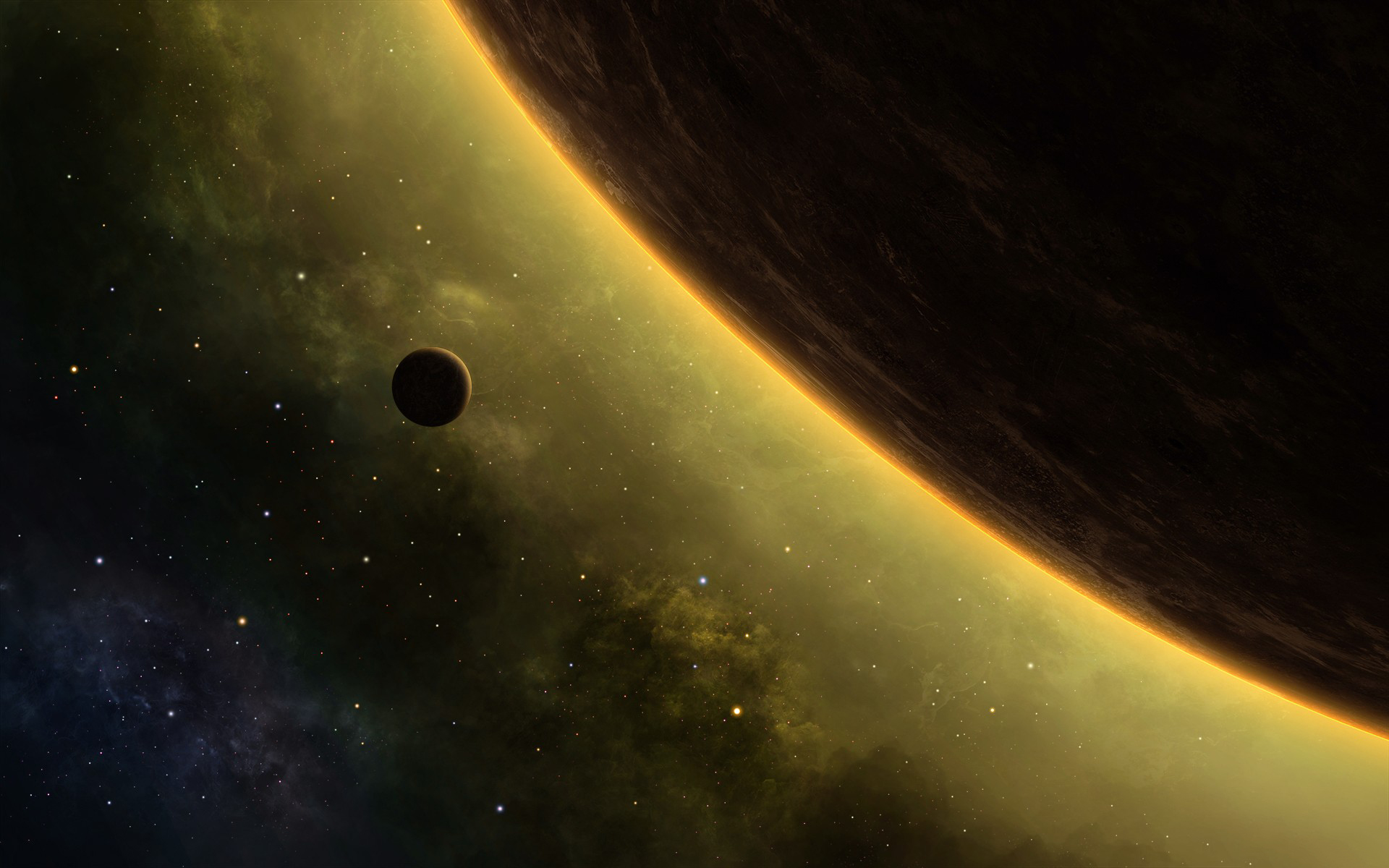 Planet and moon in a nebula with stars HD Wallpaper