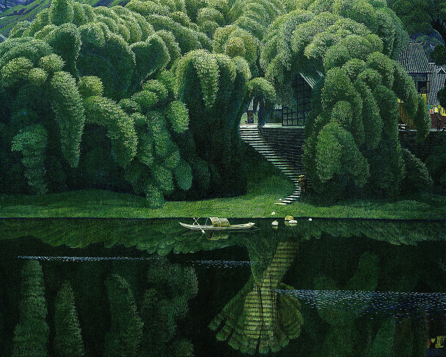 Painting of a tranquil river scene with bamboo and a boat HD Wallpaper