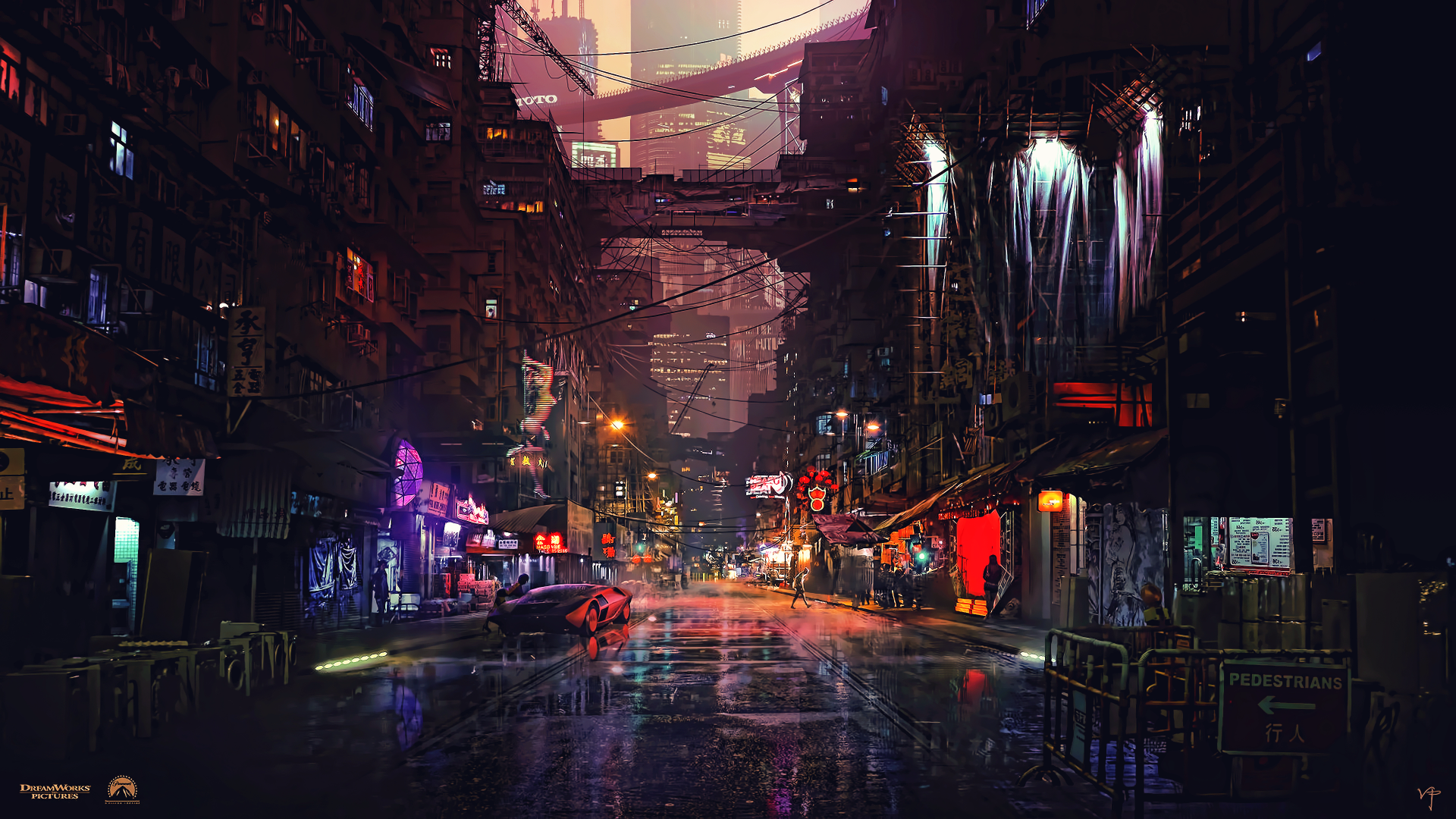 Cyberpunk city street at night with neon lights HD Wallpaper