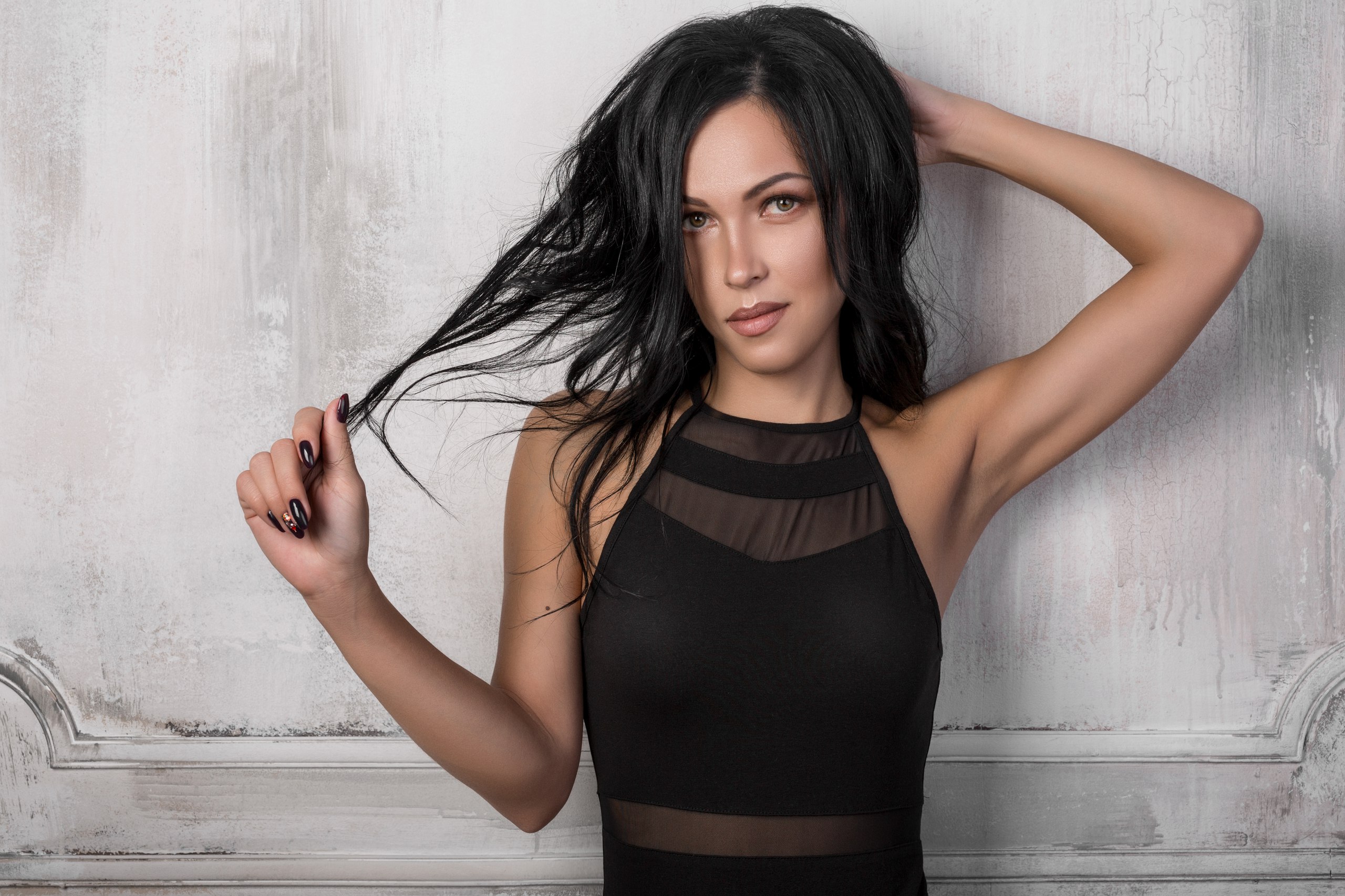 Woman with black hair and black dress HD Wallpaper