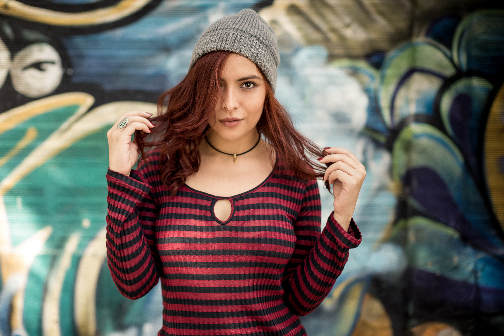 Portrait of a redhead woman with graffiti background HD Wallpaper