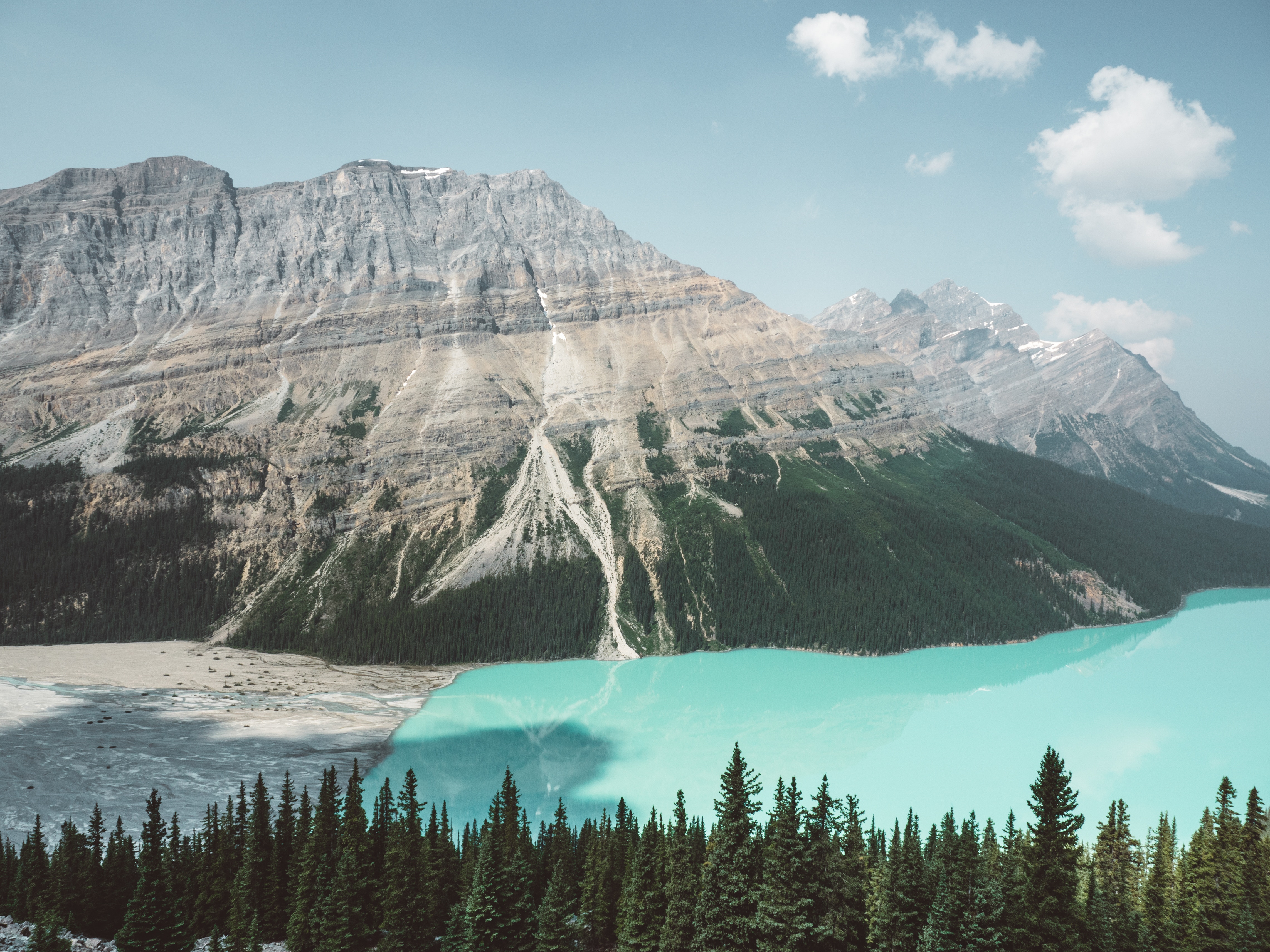Turquoise lake and mountains with pine forest HD Wallpaper