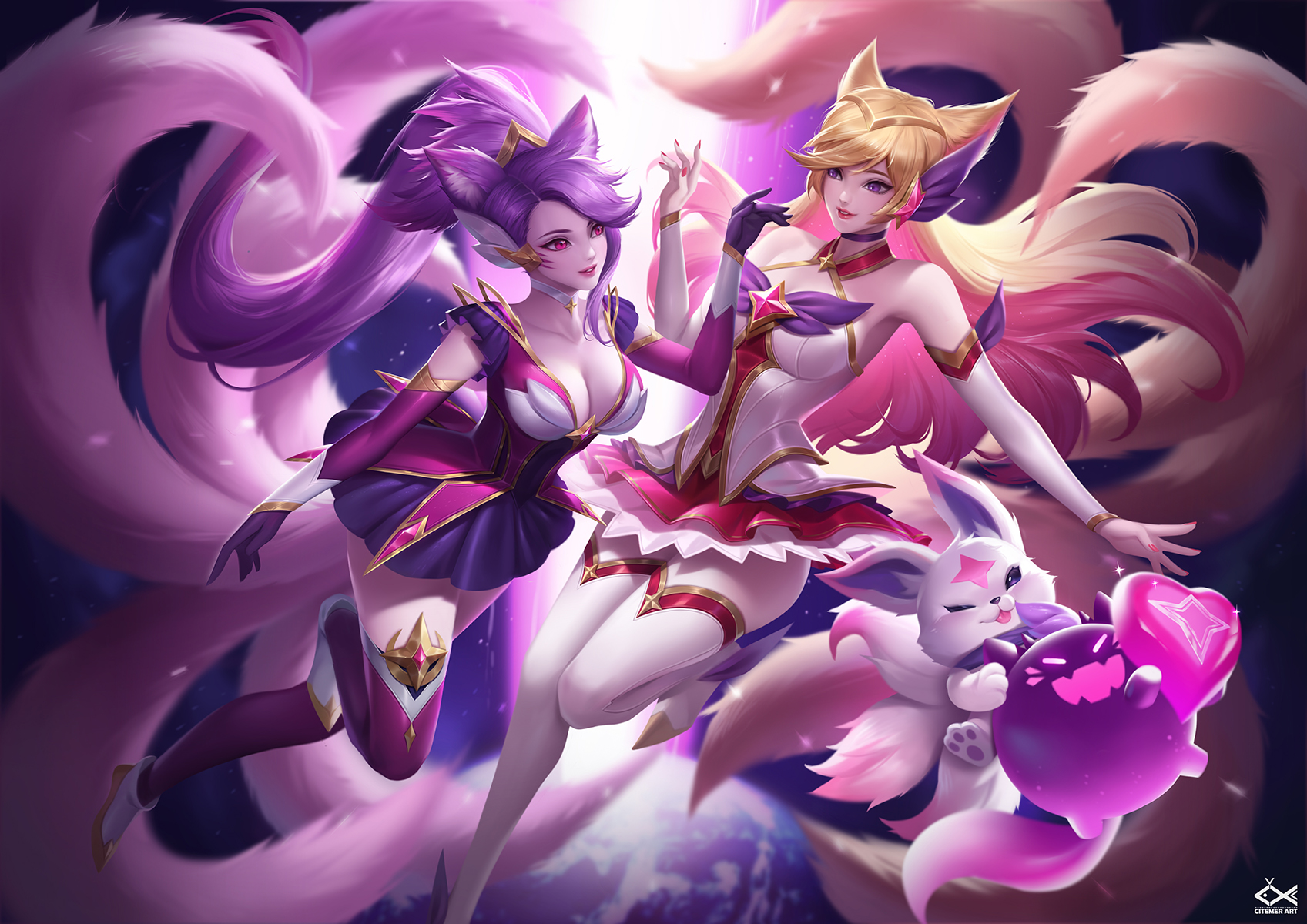 Two fox girls with tails and a small creature HD Wallpaper