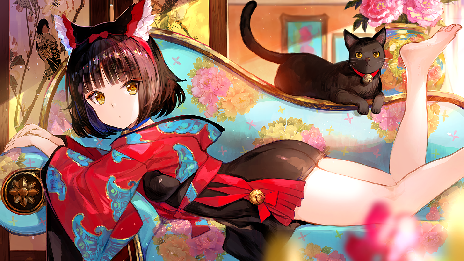 Anime girl with cat ears on a floral couch HD Wallpaper
