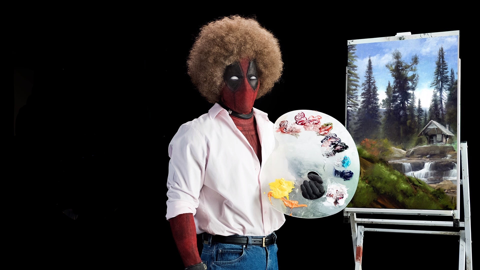 Deadpool dressed as Bob Ross holding a painting palette HD Wallpaper