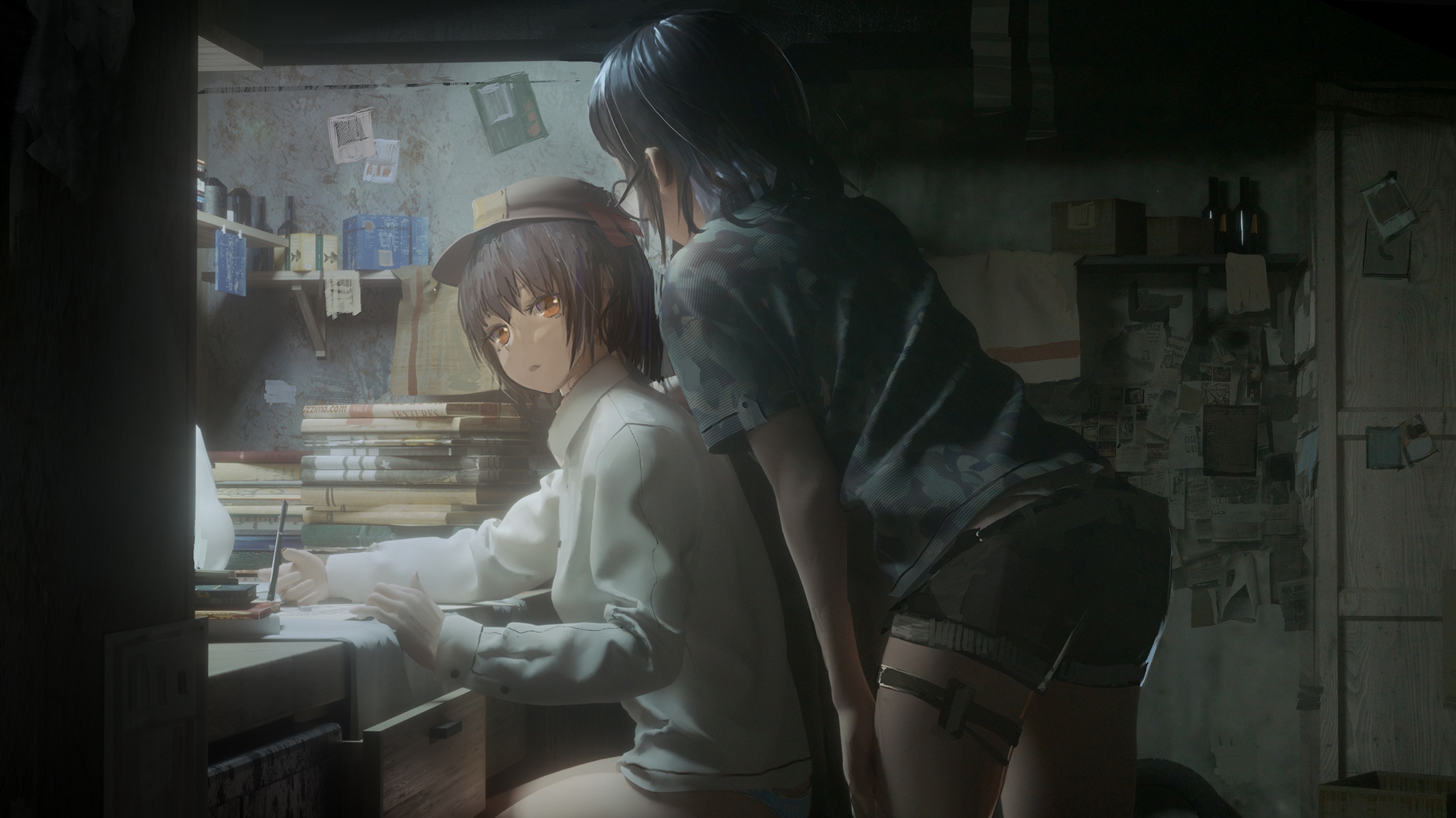 Two anime girls in a cluttered room with books HD Wallpaper