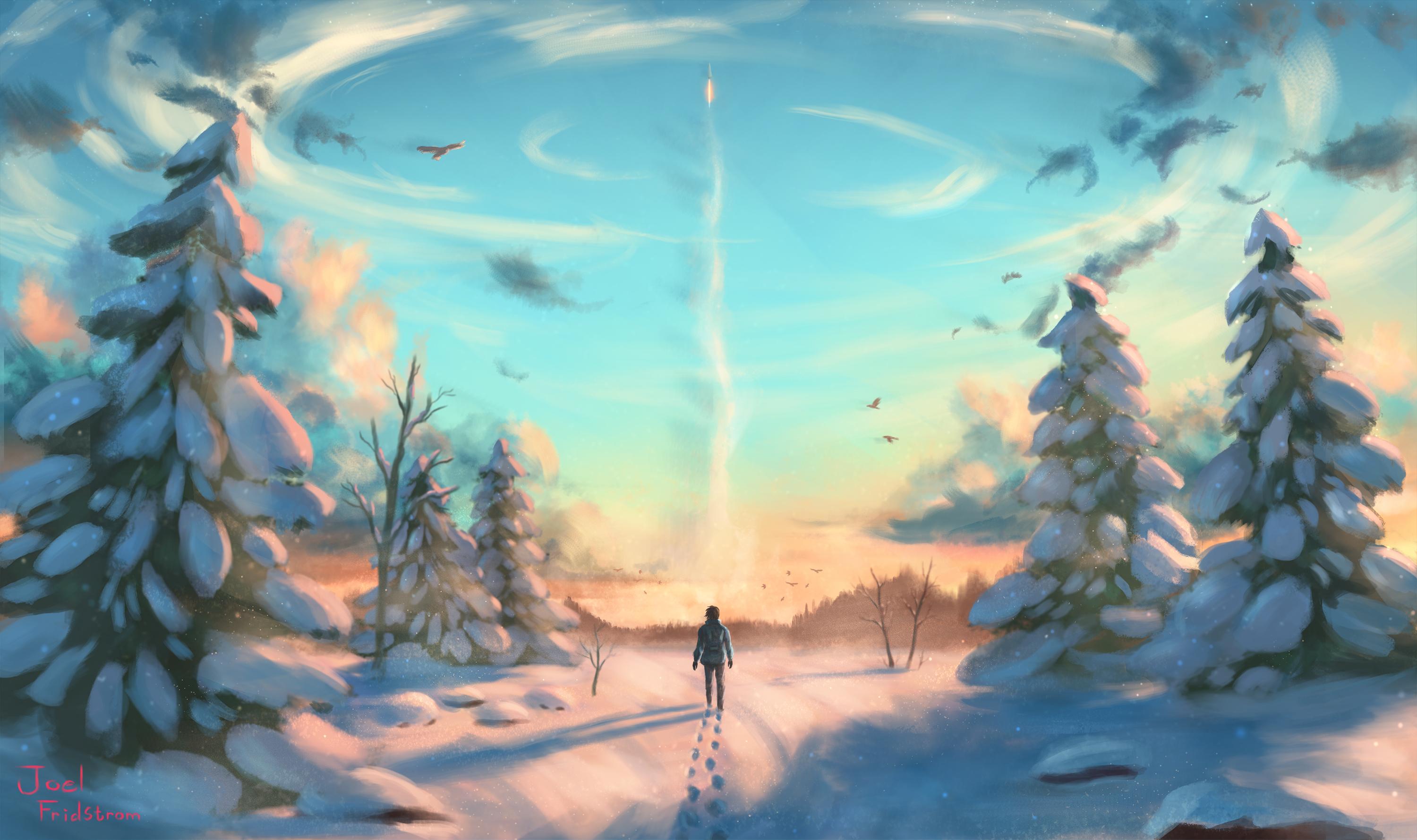 Digital art of a snowy landscape with a rocket launch HD Wallpaper