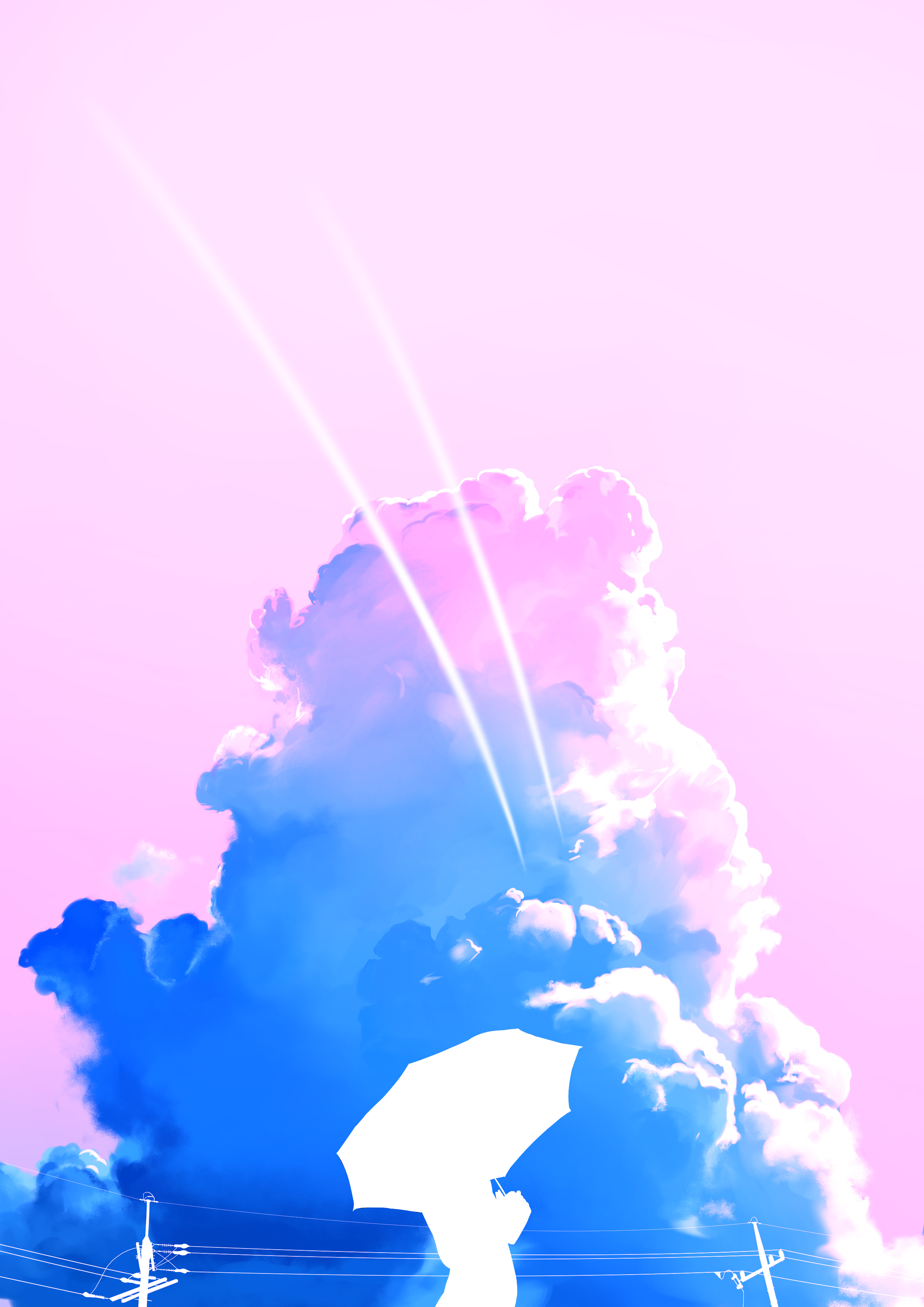 Illustration of clouds and a person with an umbrella HD Wallpaper