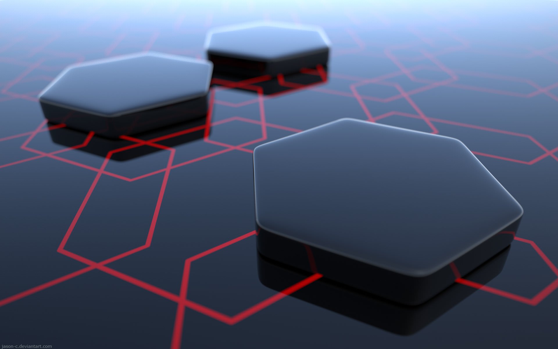 Abstract 3D hexagons on a red geometric grid HD Wallpaper