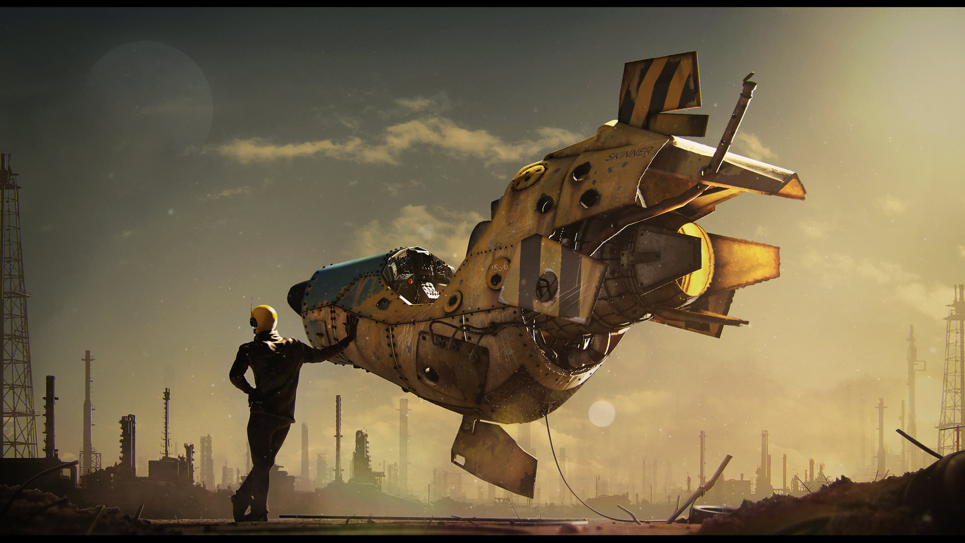 Man with a yellow helmet leaning on a yellow spaceship in a desolate industrial landscape HD Wallpaper