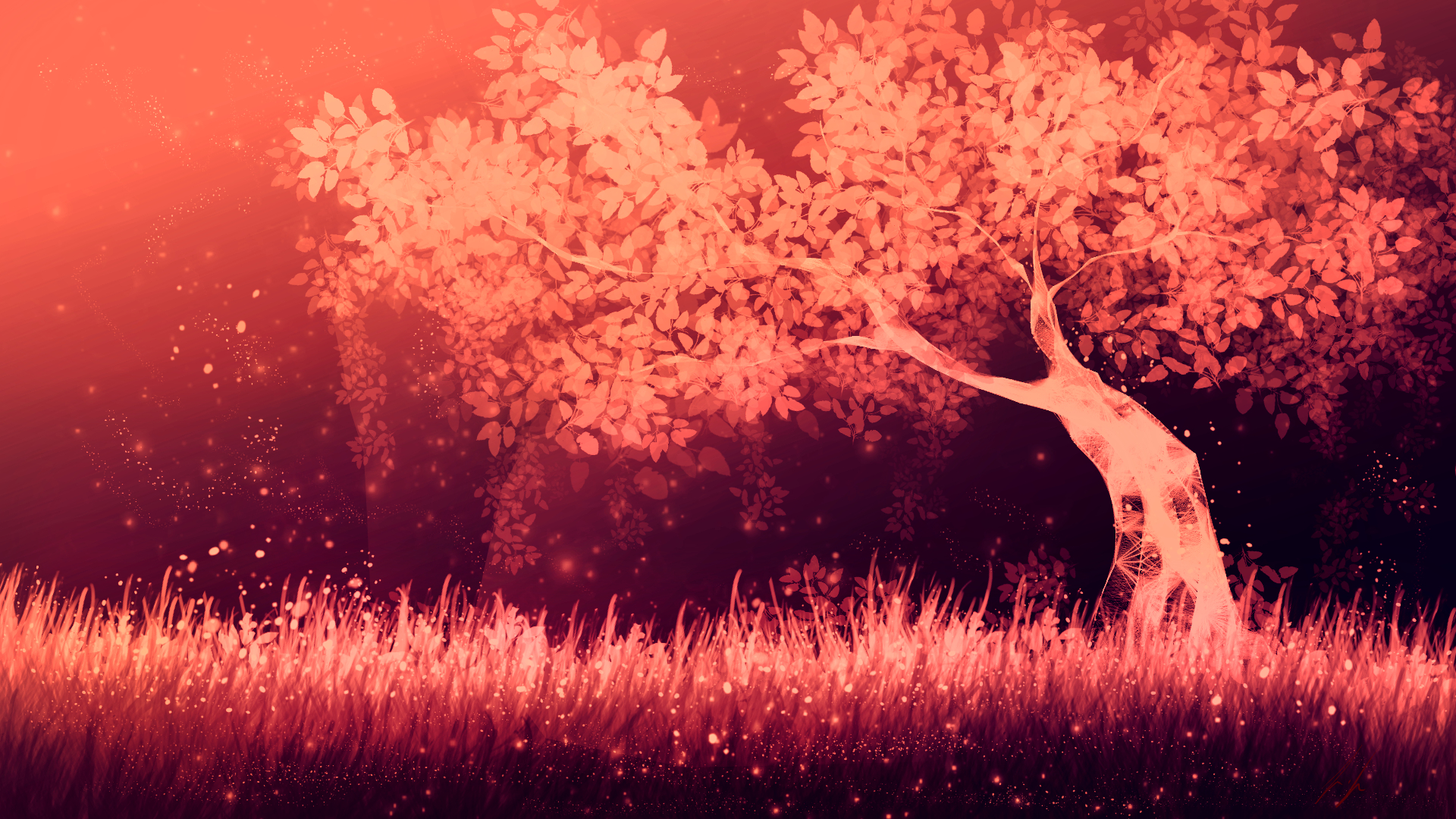Fantasy tree with glowing grass and particles HD Wallpaper