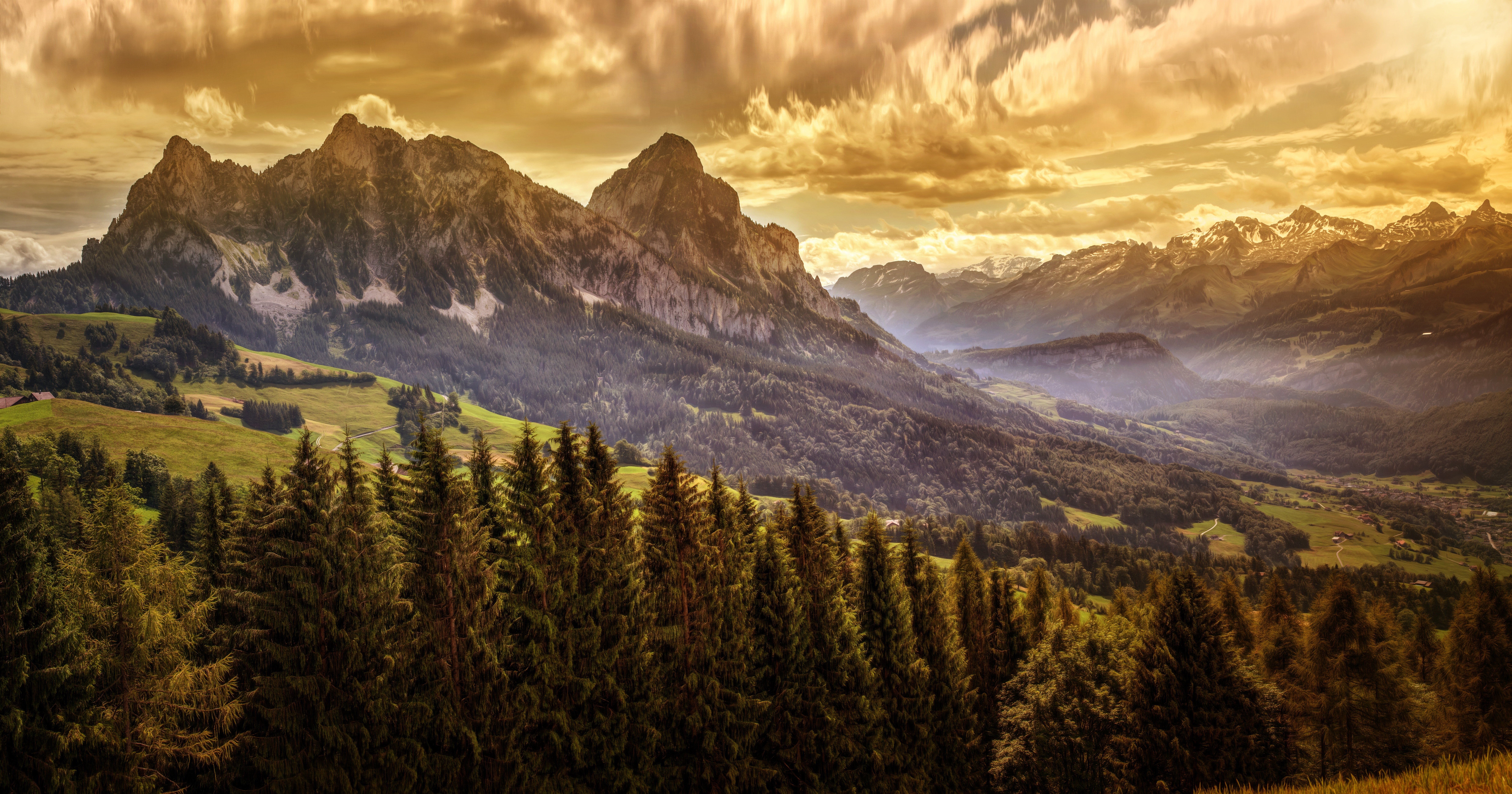 Mountain landscape with pine forest and dramatic sky HD Wallpaper