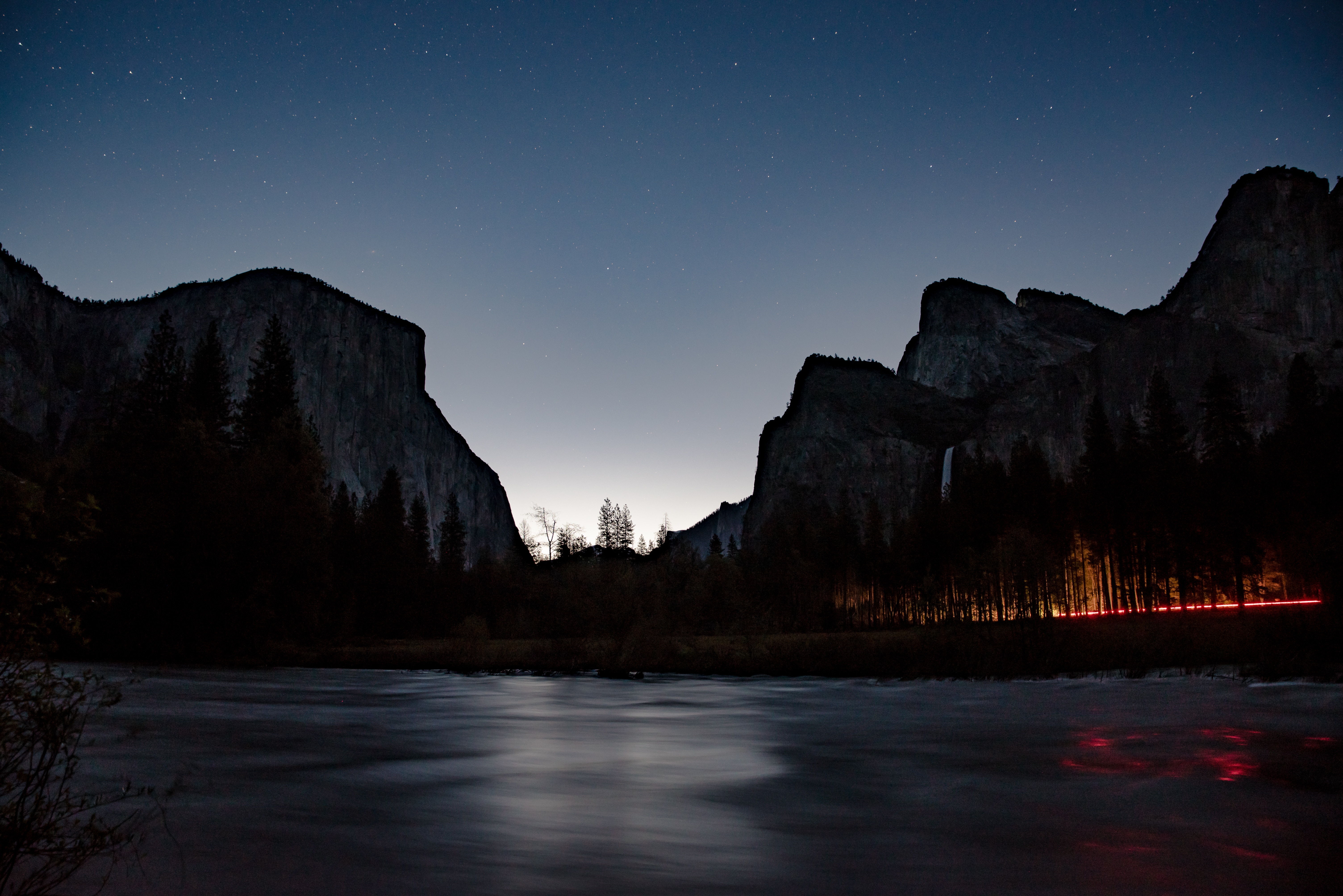 Night landscape with mountains, forest, and river HD Wallpaper
