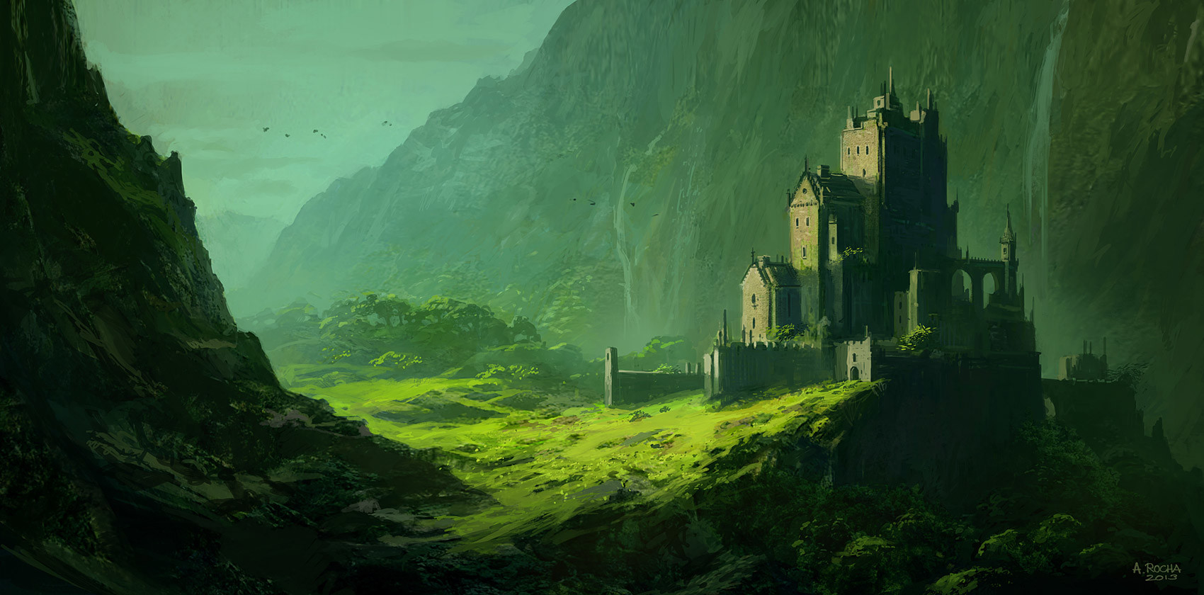 castle, artwork, fantasy art, landscape, mountains HD Wallpaper