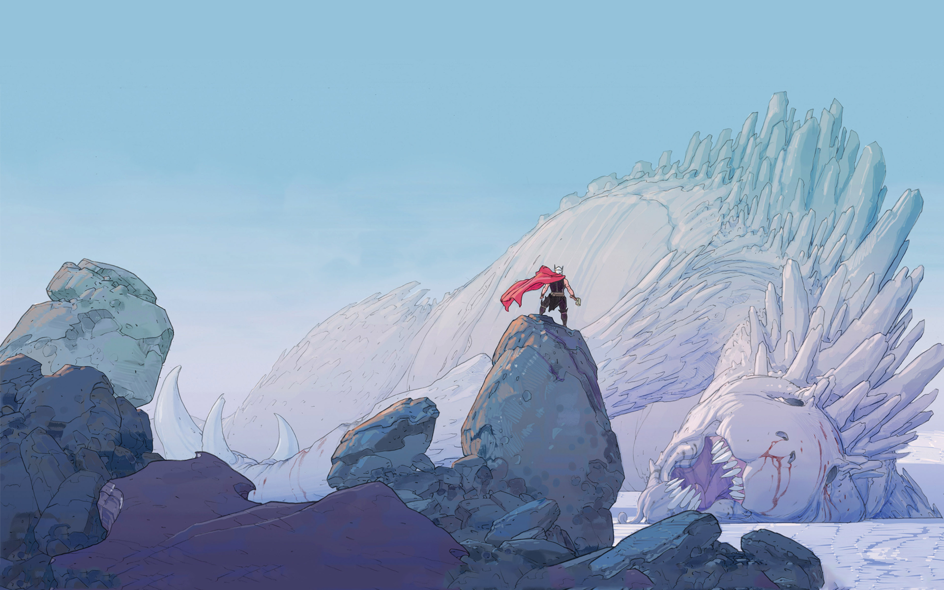 Thor standing on a rock with a giant ice dragon HD Wallpaper
