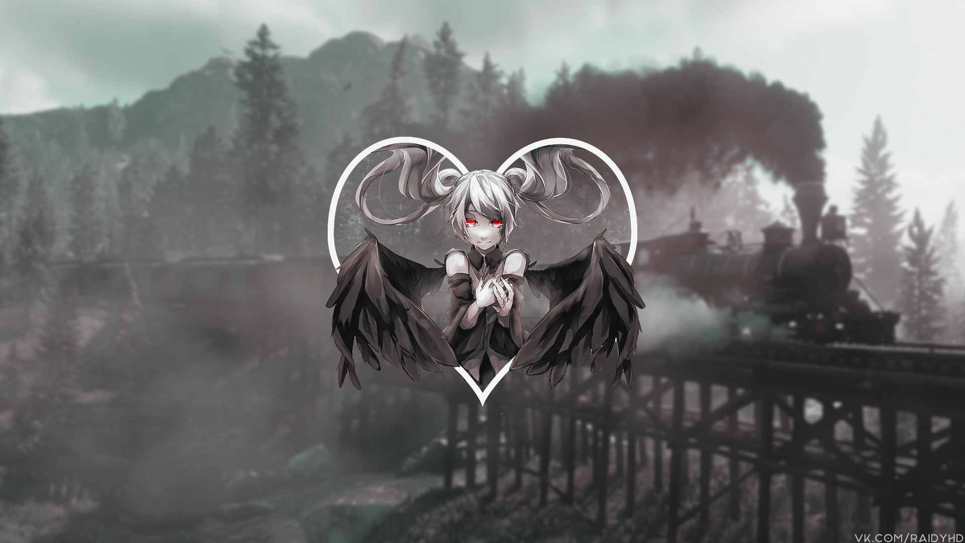 Anime girl with black wings and red eyes HD Wallpaper