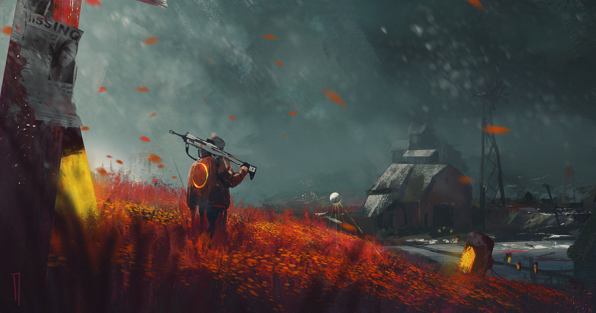 Lone figure with a rifle in a desolate landscape HD Wallpaper