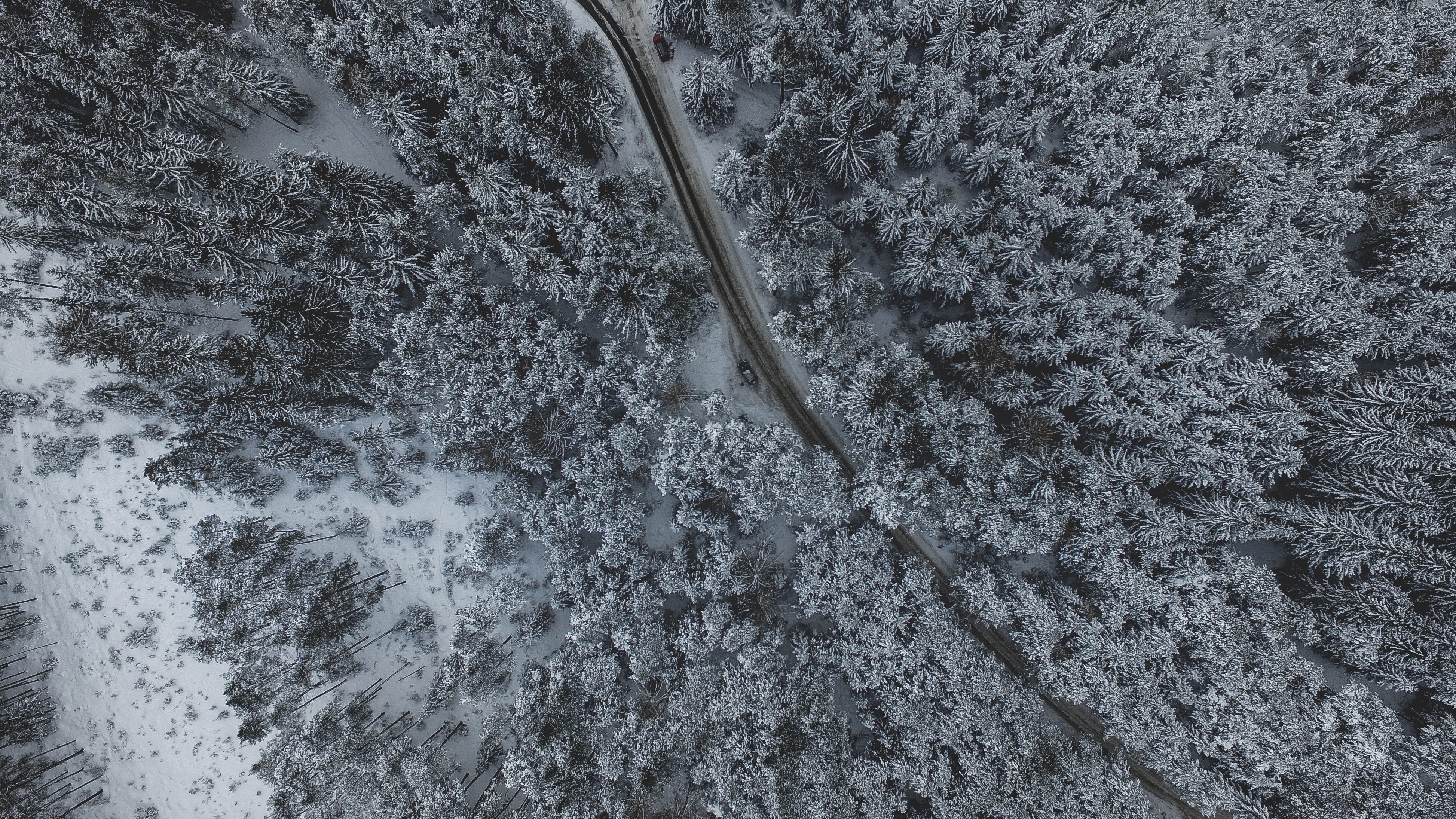 Aerial view of a snow-covered forest with a road in Obsteig, Austria HD Wallpaper