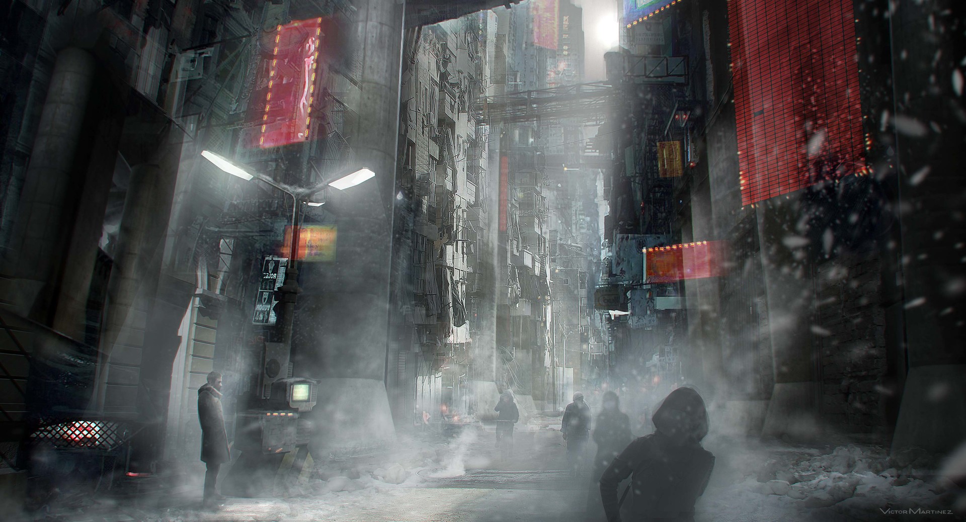Futuristic city street with people in smoke and snow HD Wallpaper