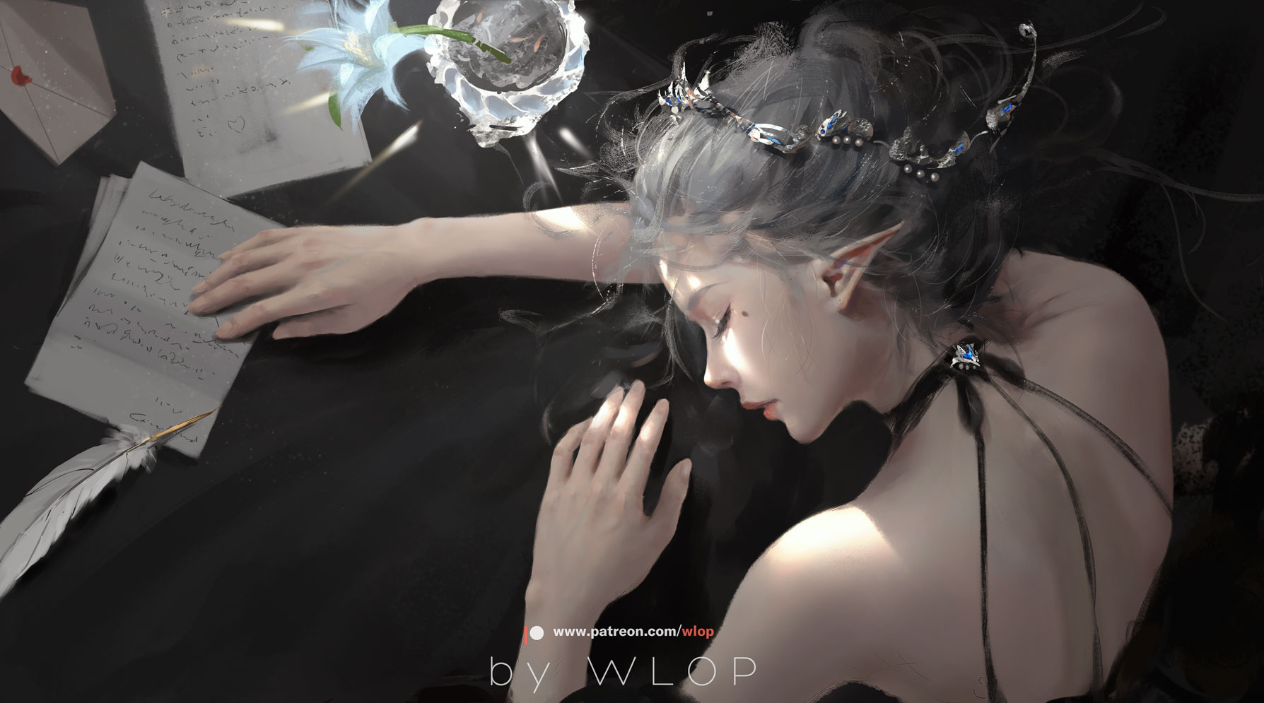 Anime girl with letters and flowers by WLOP HD Wallpaper