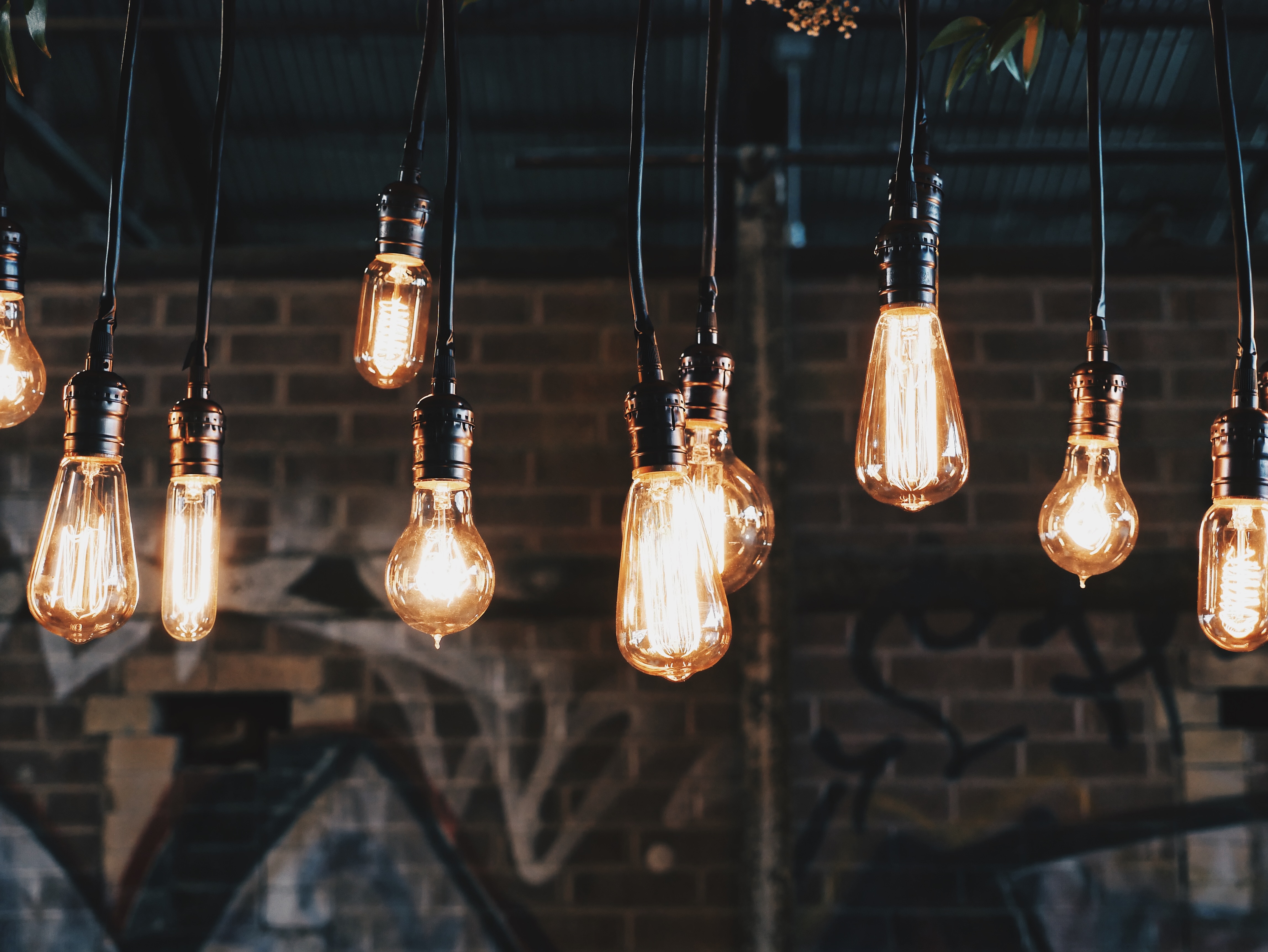 Edison light bulbs hanging in front of brick wall HD Wallpaper
