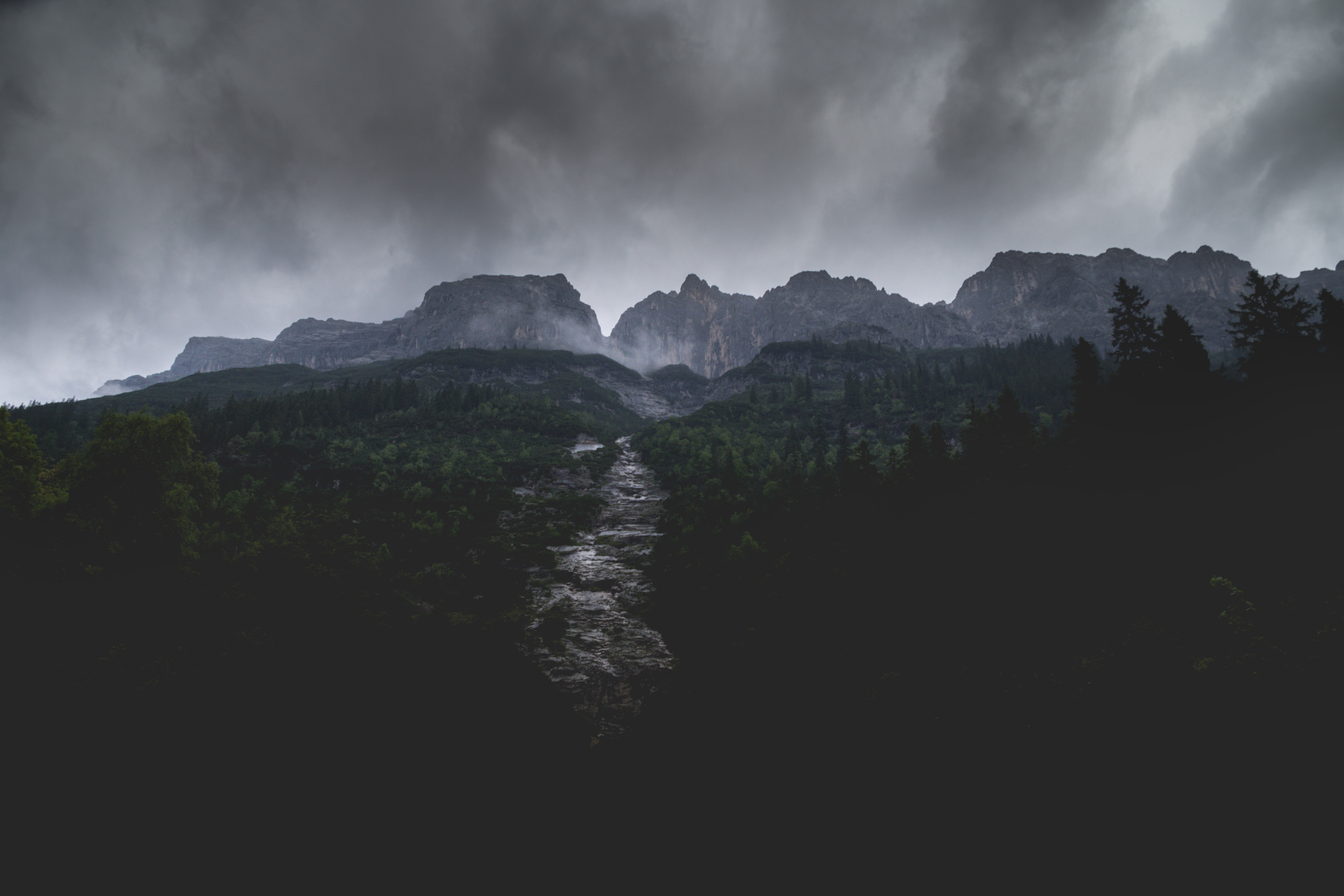 Dark Mountain Landscape with Forest and River HD Wallpaper