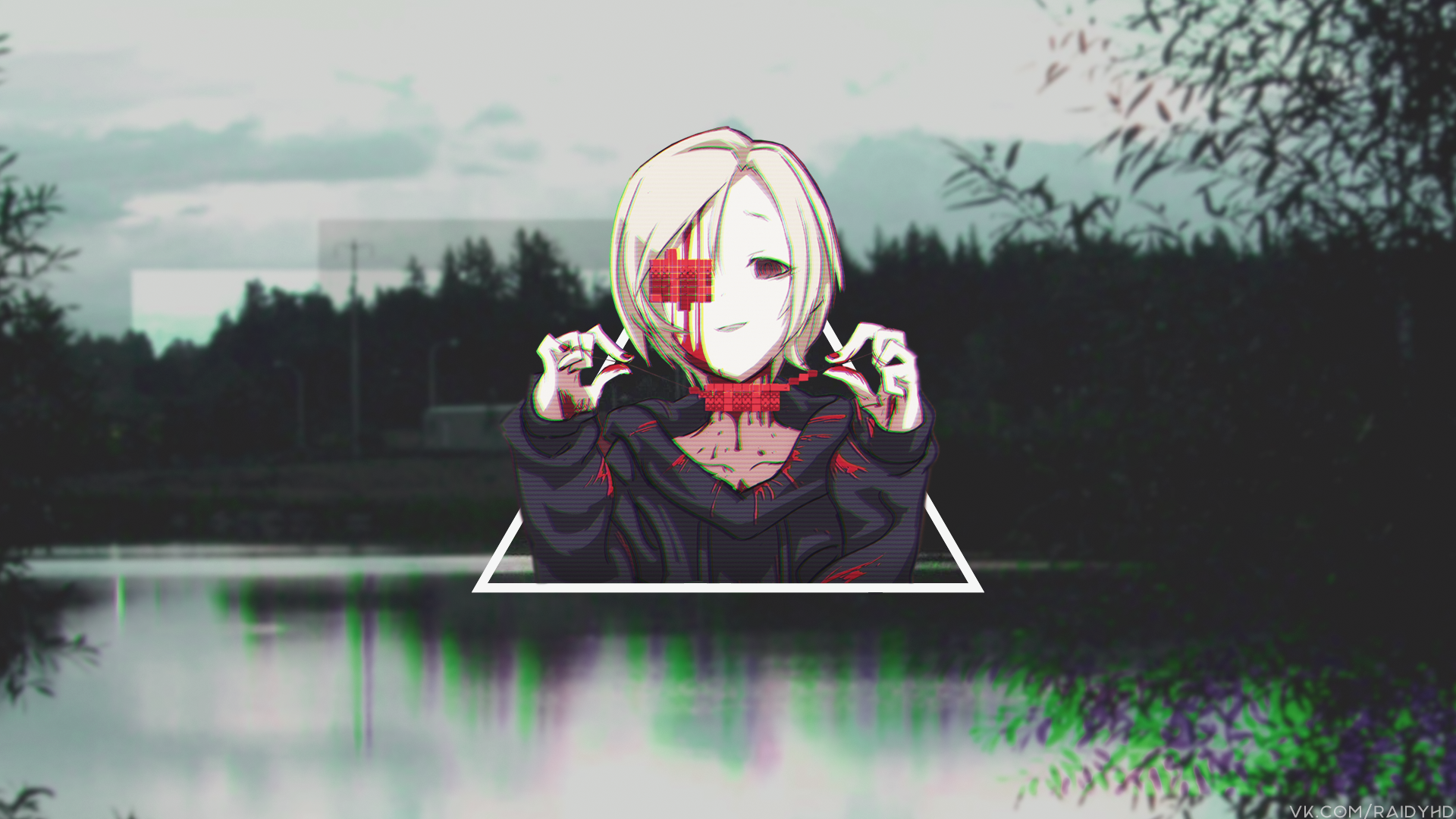 Anime girl with glitch effect in forest landscape HD Wallpaper