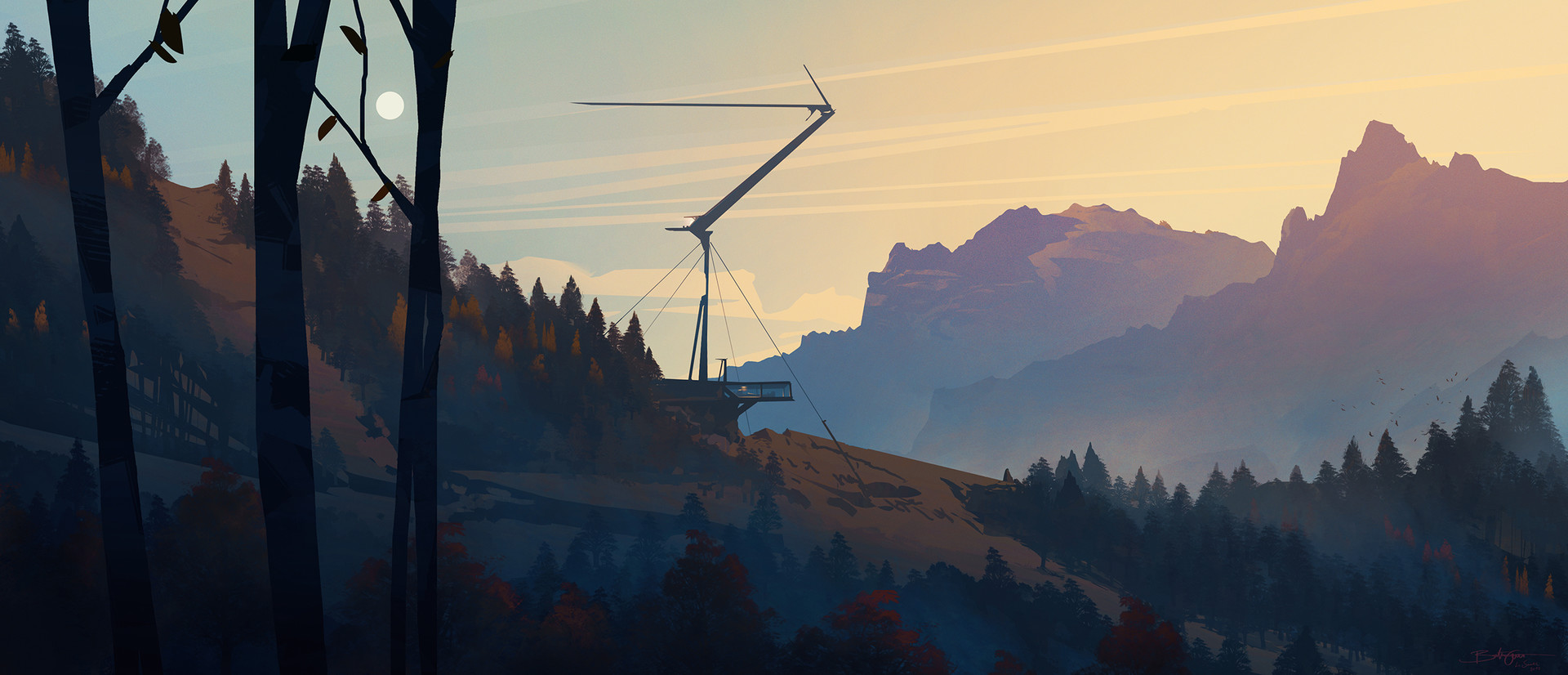 Minimalist mountain landscape illustration by Bastien Grivet HD Wallpaper