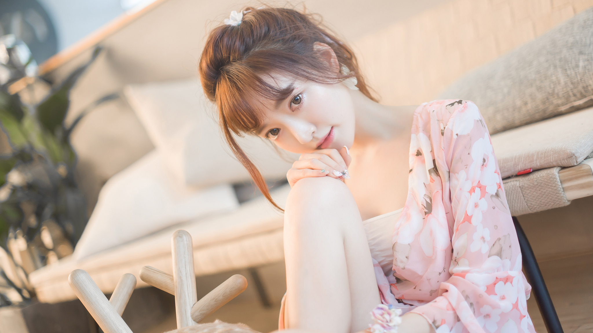 Asian woman in floral robe indoors HD Wallpaper